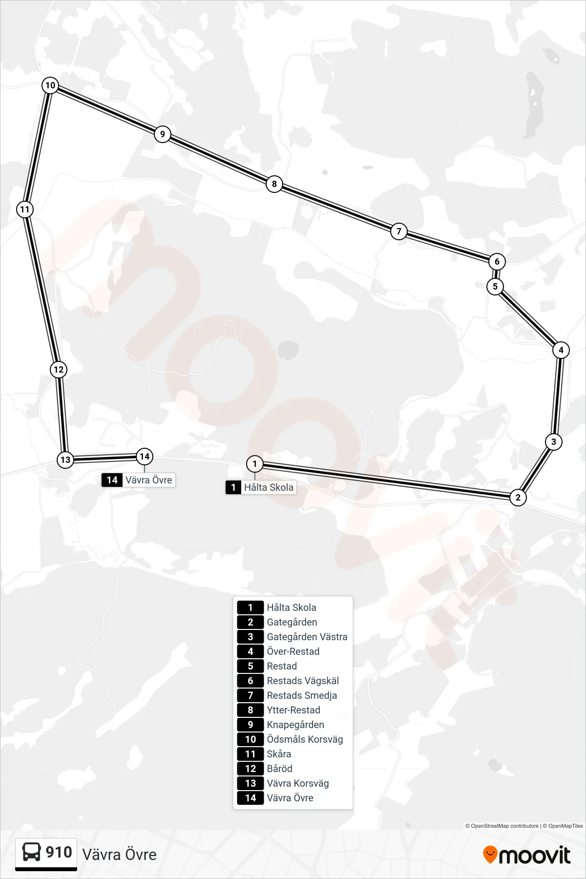 Rutt och hållplatser på karta för linje 910 spårvagn, (Vävra Övre)