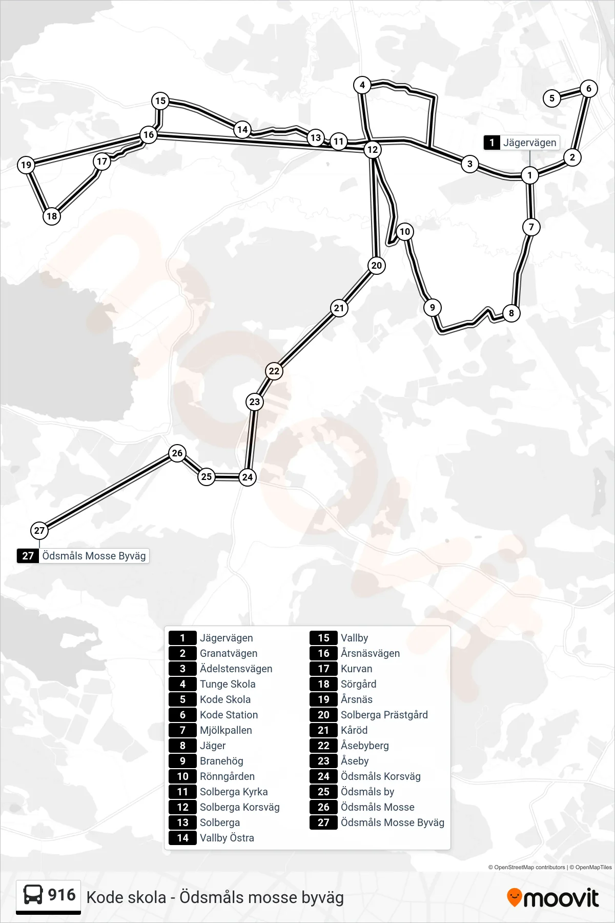 Rutt och hållplatser på karta för linje 916 spårvagn, (Ödsmåls Mosse Byväg)