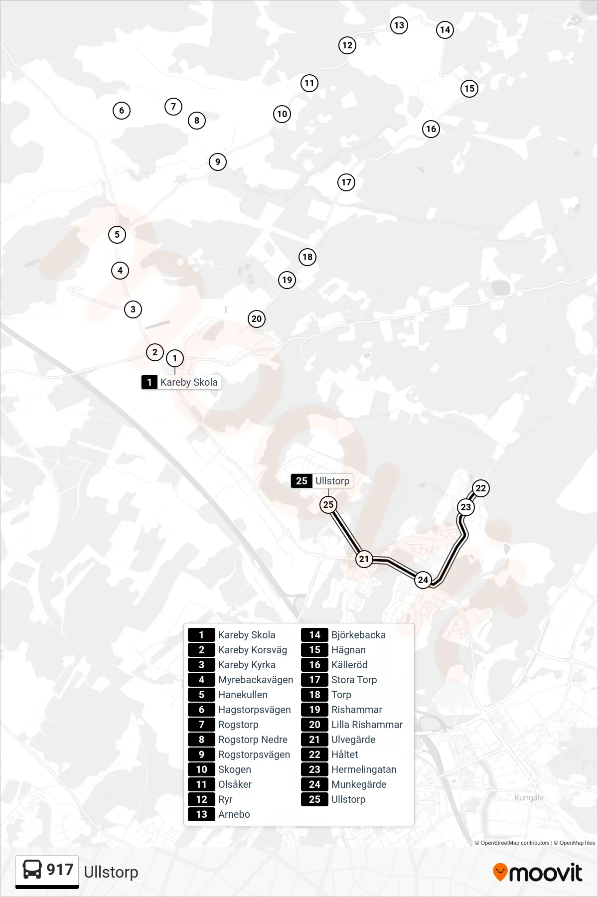 Rutt och hållplatser på karta för linje 917 spårvagn, (Ullstorp)