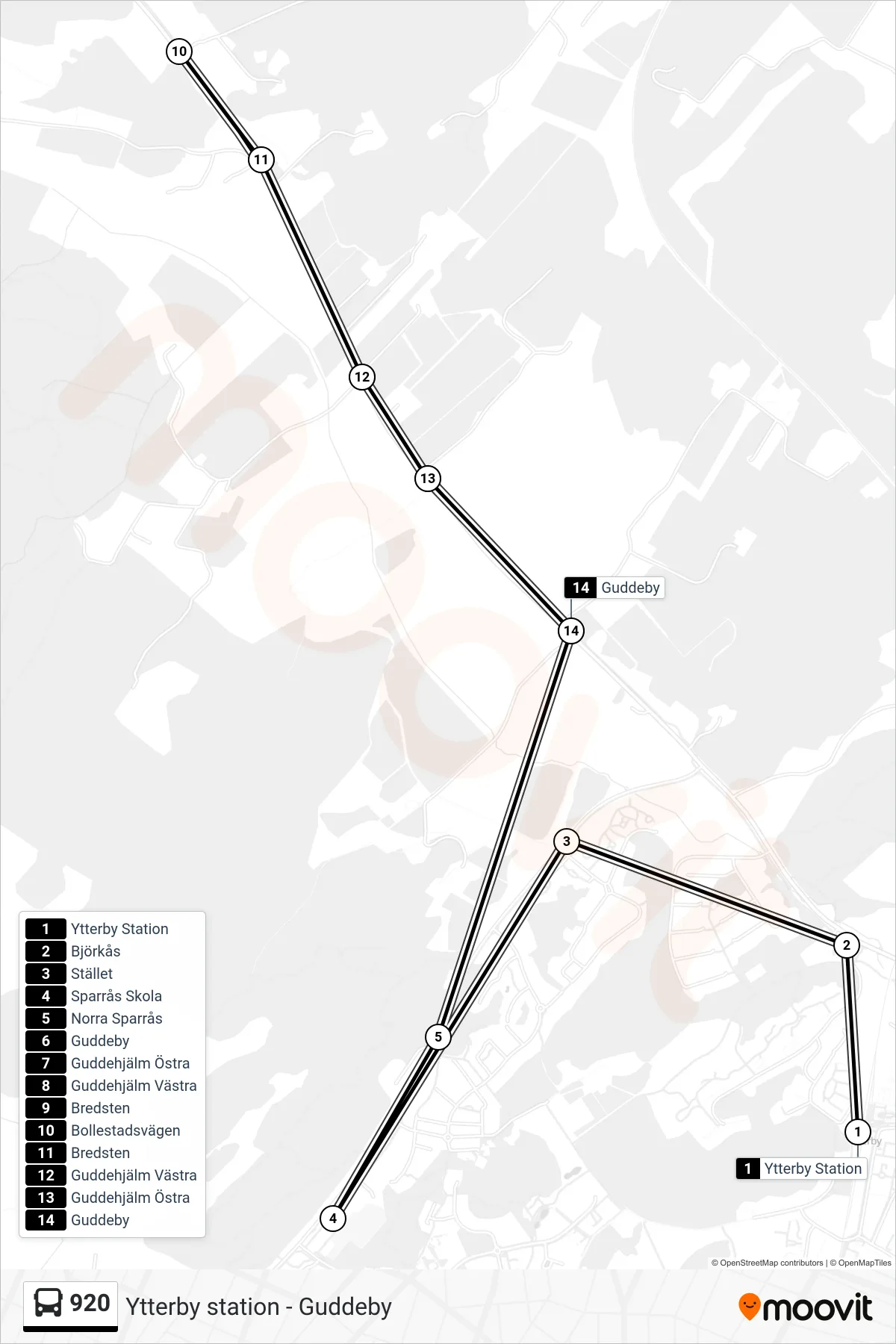 Rutt och hållplatser på karta för linje 920  spårvagn, (Guddeby)