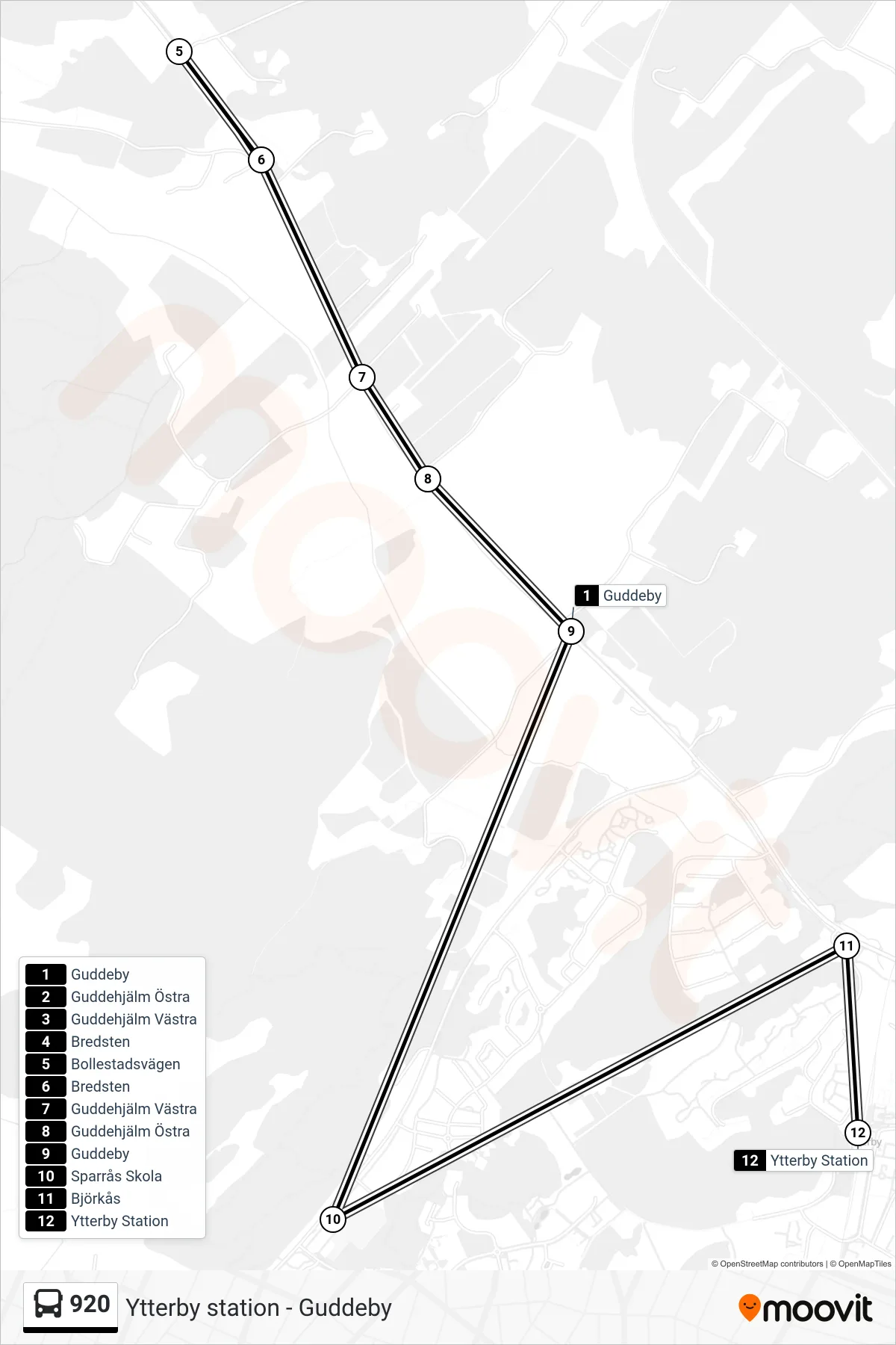 Rutt och hållplatser på karta för linje 920 spårvagn, (Ytterby Station)