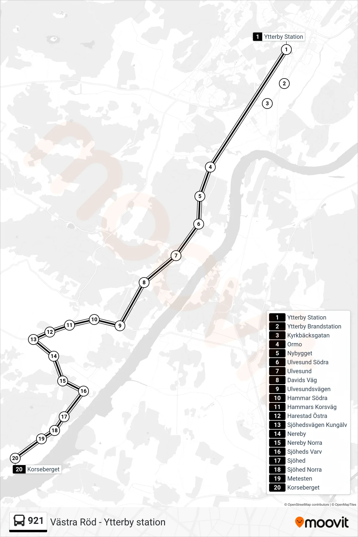 Rutt och hållplatser på karta för linje 921 spårvagn, (Korseberget)