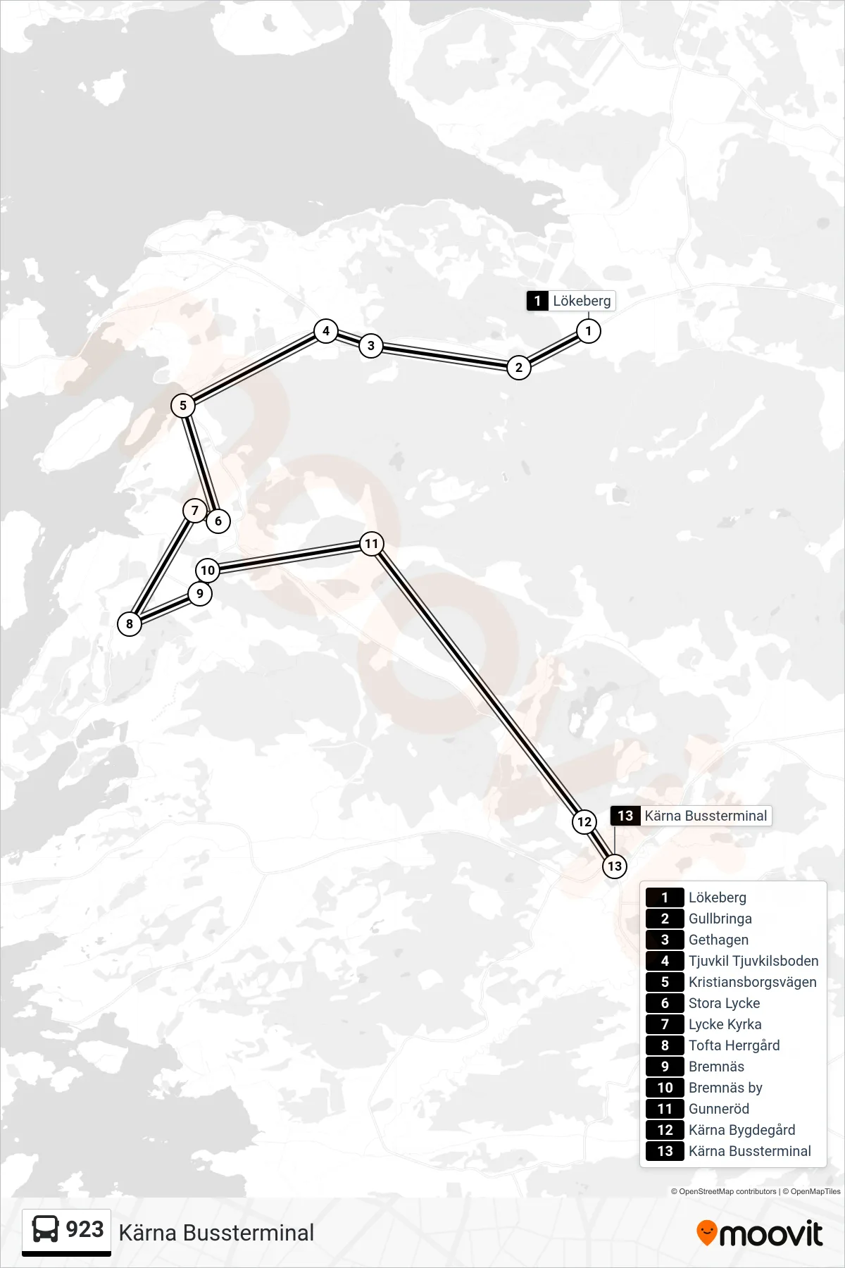 Rutt och hållplatser på karta för linje 923 spårvagn, (Kärna Bussterminal)