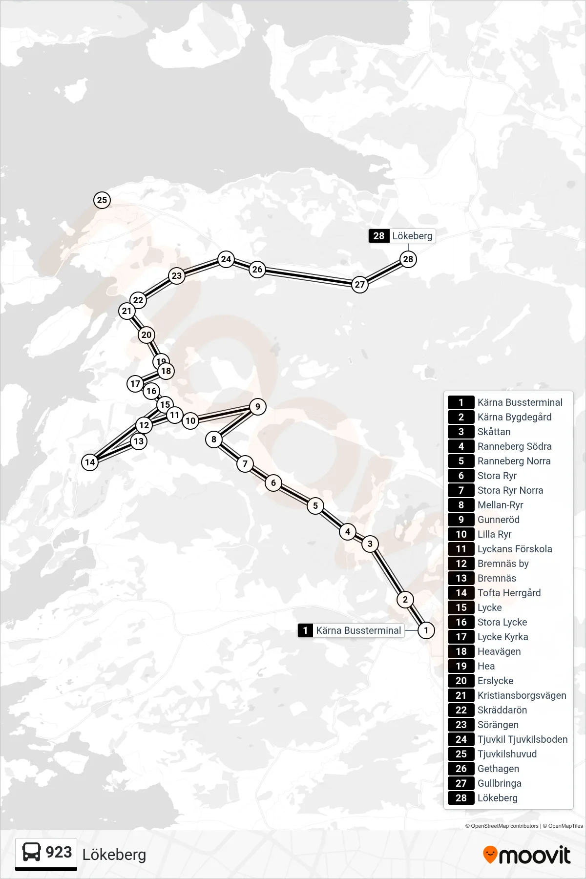 Rutt och hållplatser på karta för linje 923 spårvagn, (Lökeberg)