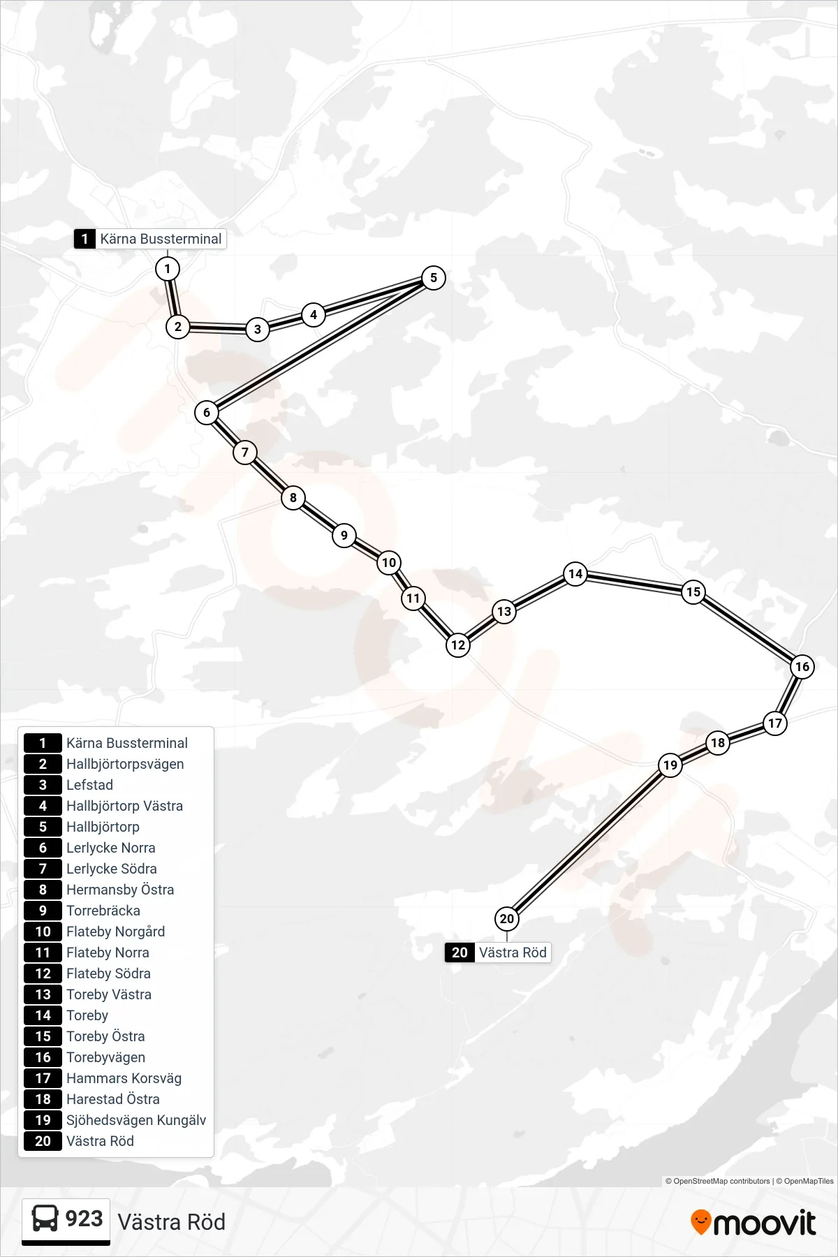 Rutt och hållplatser på karta för linje 923 spårvagn, (Västra Röd)