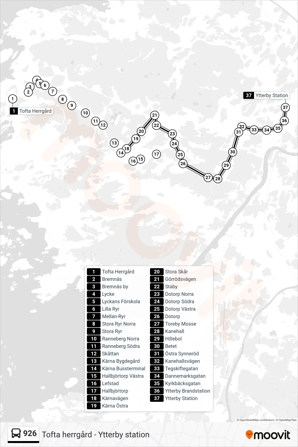 Rutt och hållplatser på karta för linje 926 spårvagn, (Ytterby Station)