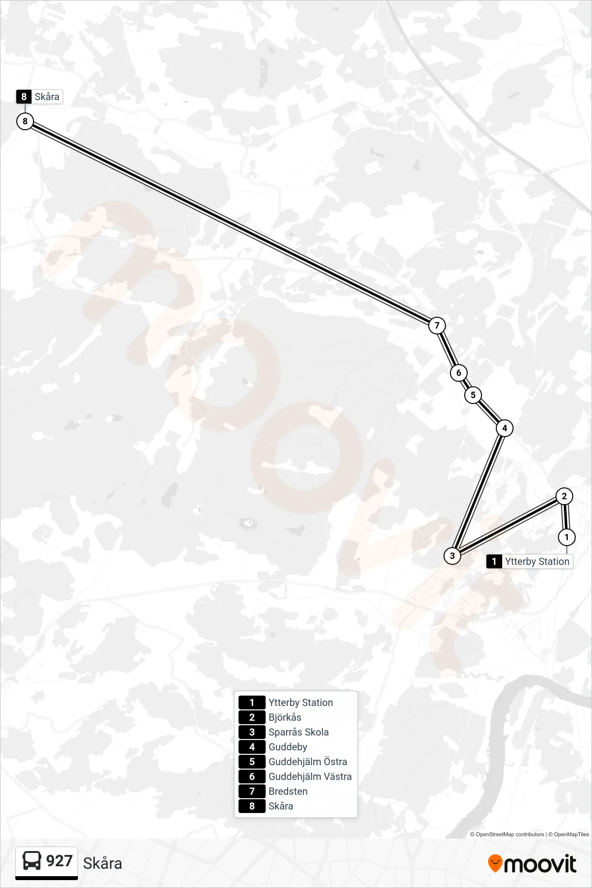Rutt och hållplatser på karta för linje 927  spårvagn, (Skåra)