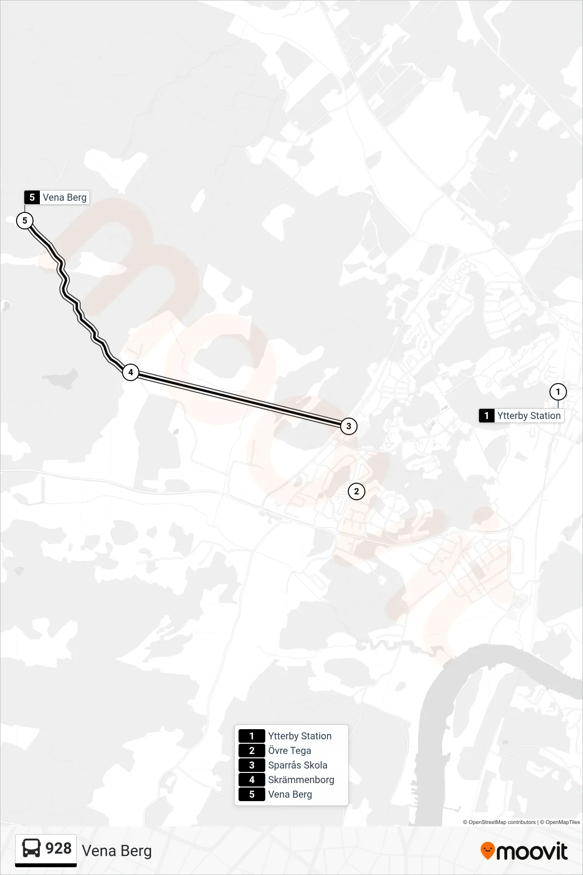 Rutt och hållplatser på karta för linje 928 spårvagn, (Vena Berg)