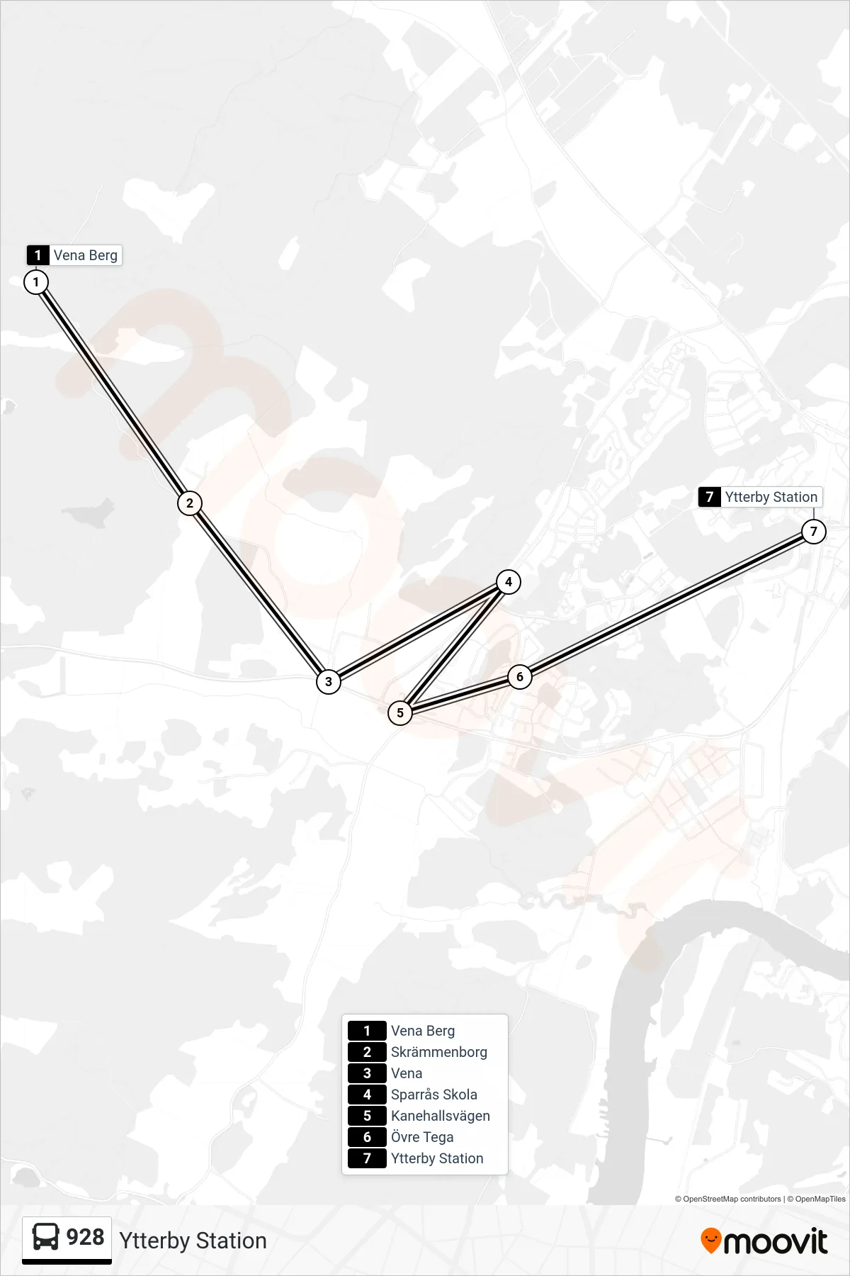 Rutt och hållplatser på karta för linje 928 spårvagn, (Ytterby Station)