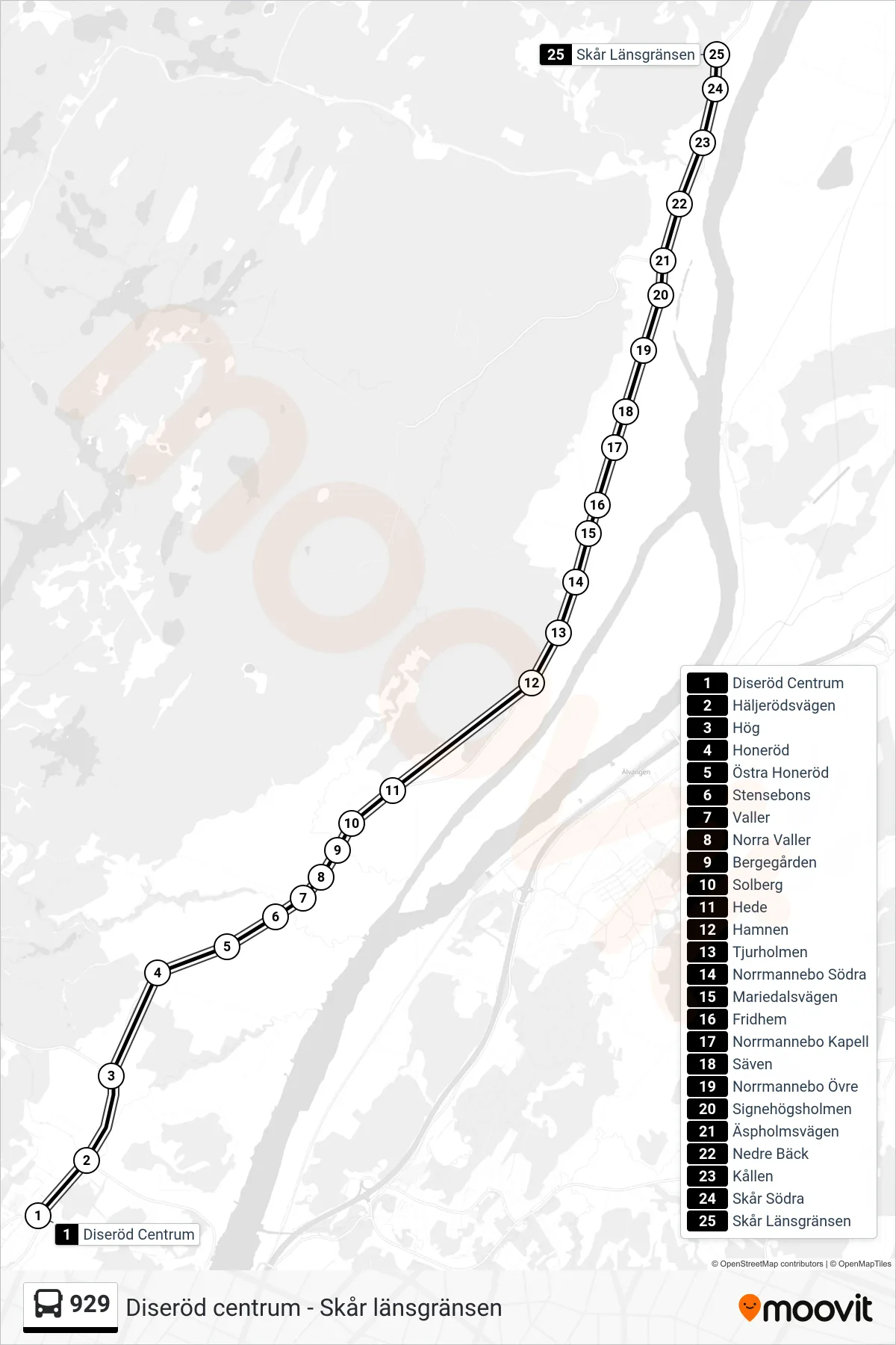 Rutt och hållplatser på karta för linje 929  spårvagn, (Skår Länsgränsen)