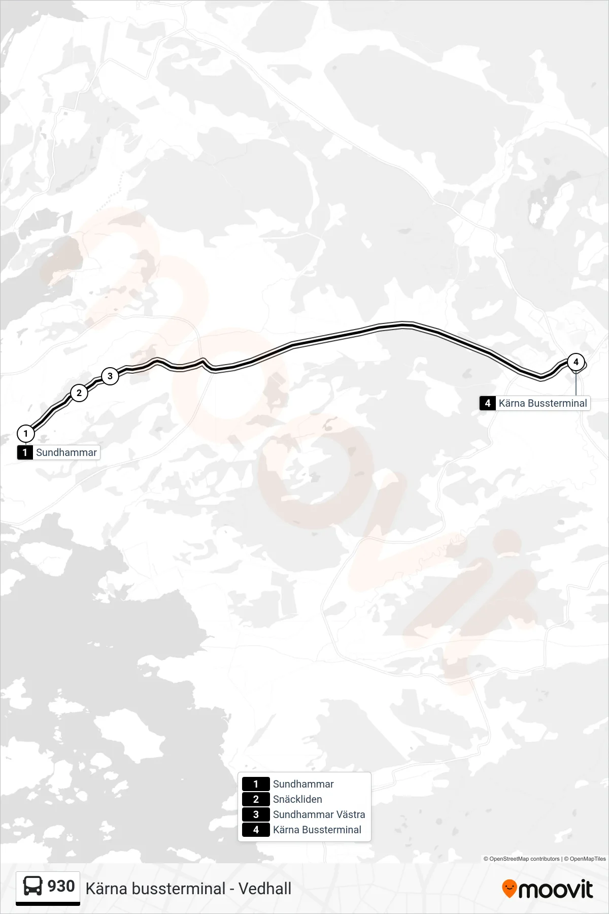 Rutt och hållplatser på karta för linje 930 spårvagn, (Kärna Bussterminal)