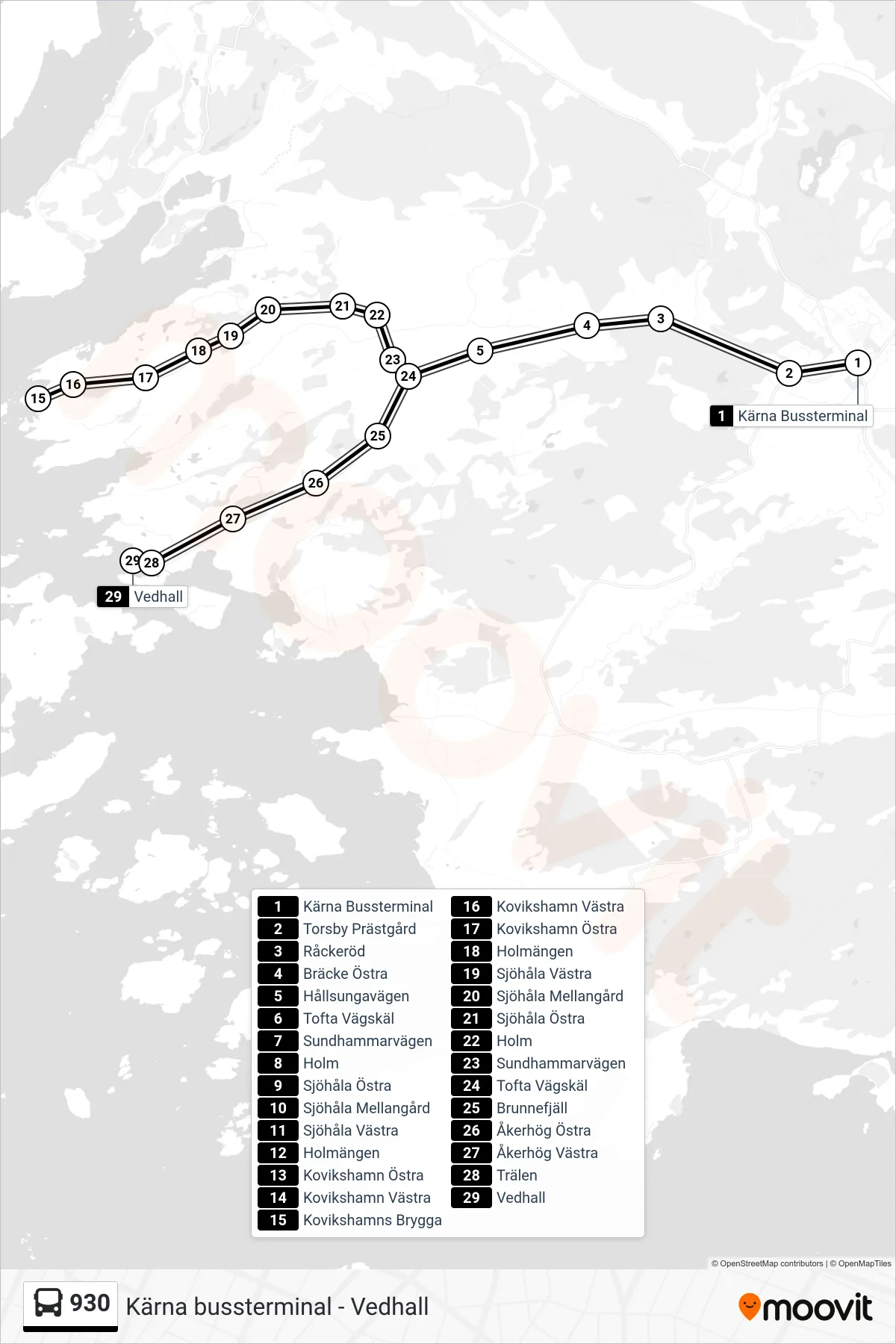 Rutt och hållplatser på karta för linje 930  spårvagn, (Vedhall)