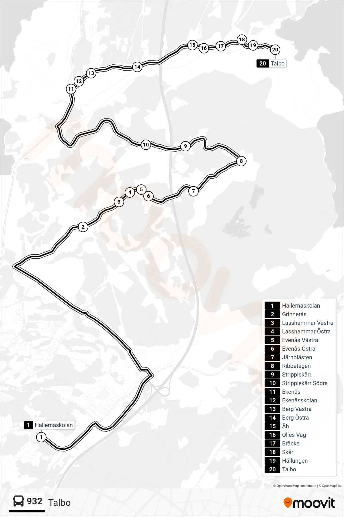 Rutt och hållplatser på karta för linje 932 spårvagn, (Talbo)