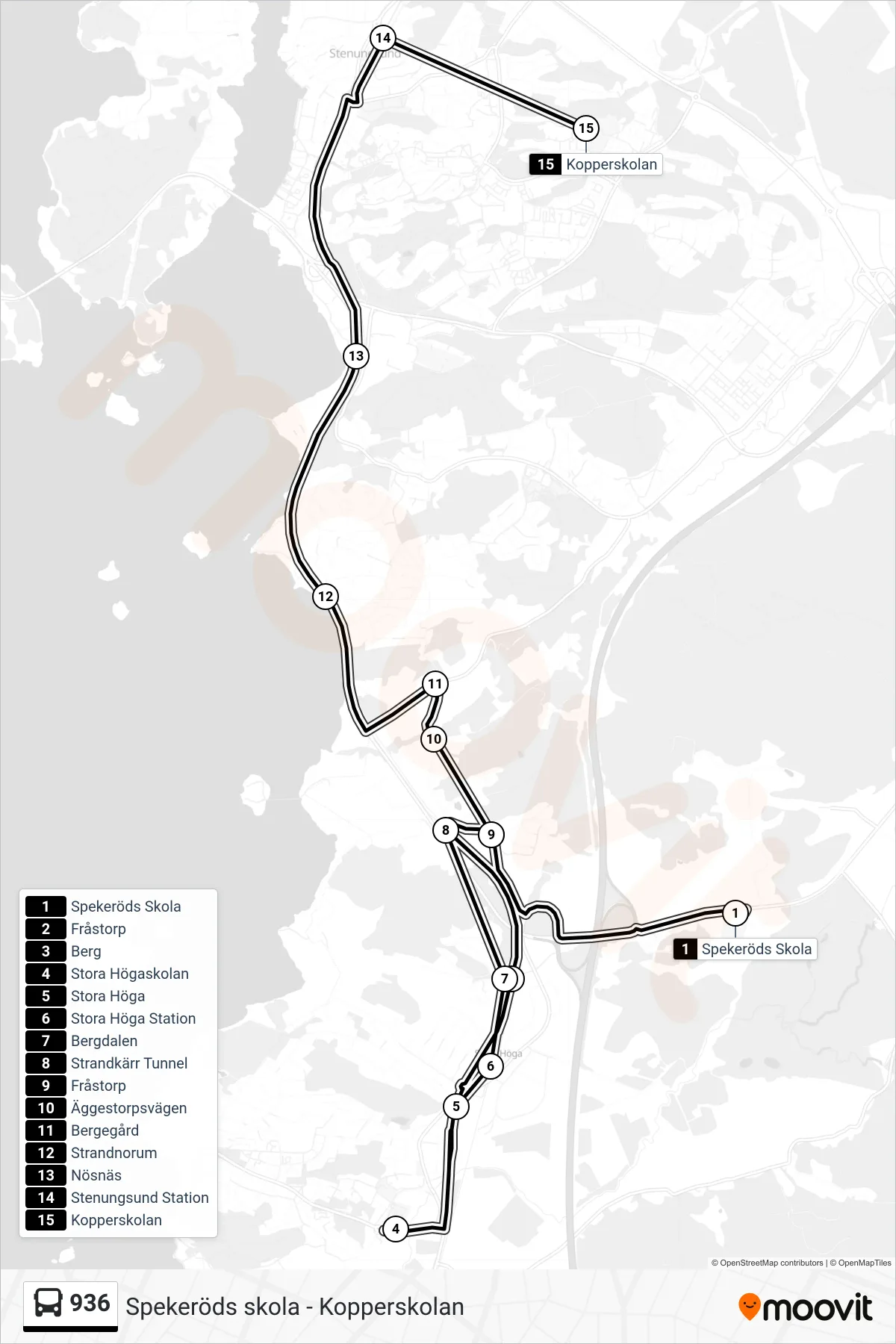 Rutt och hållplatser på karta för linje 936 spårvagn, (Kopperskolan)