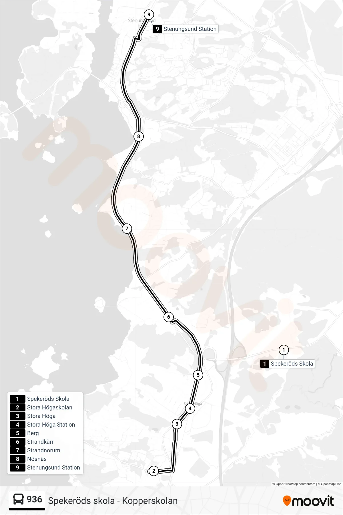 Rutt och hållplatser på karta för linje 936 spårvagn, (Stenungsund Station)