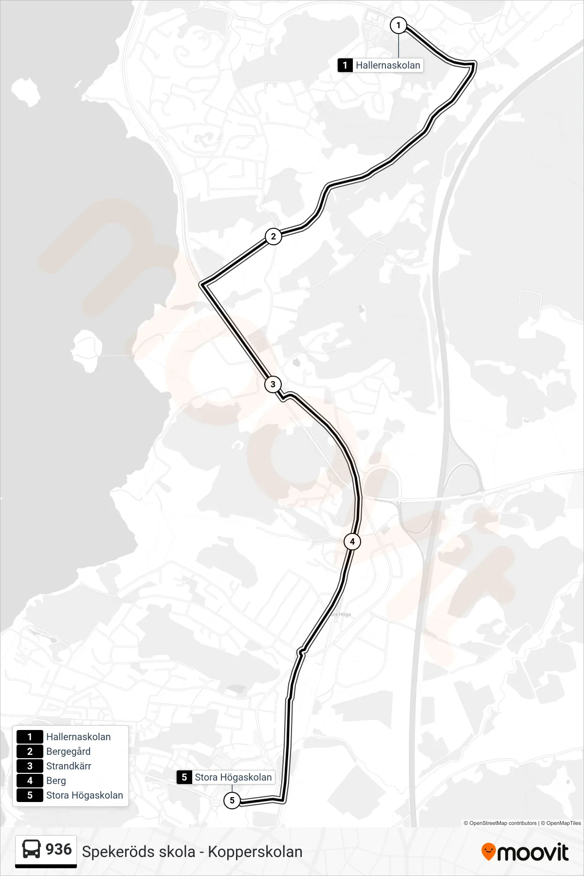 Rutt och hållplatser på karta för linje 936  spårvagn, (Stora Högaskolan)