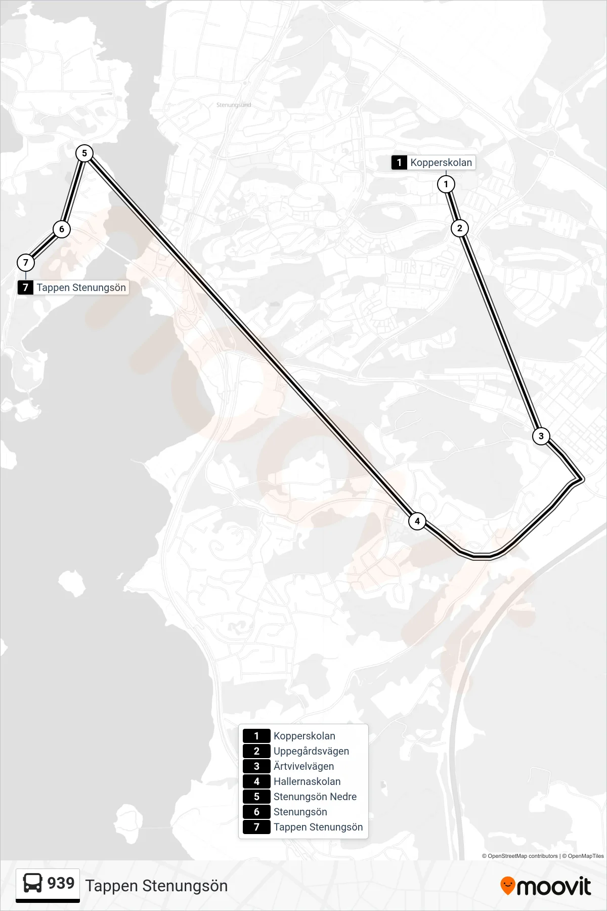 Rutt och hållplatser på karta för linje 939  spårvagn, (Tappen Stenungsön)