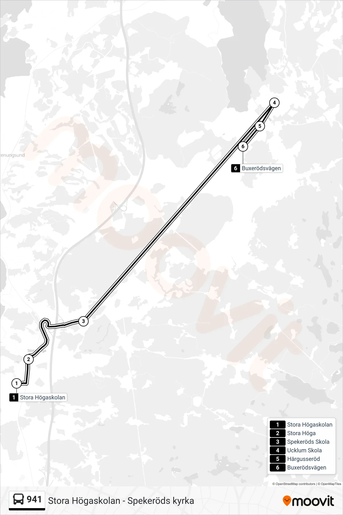 Rutt och hållplatser på karta för linje 941 spårvagn, (Buxerödsvägen)