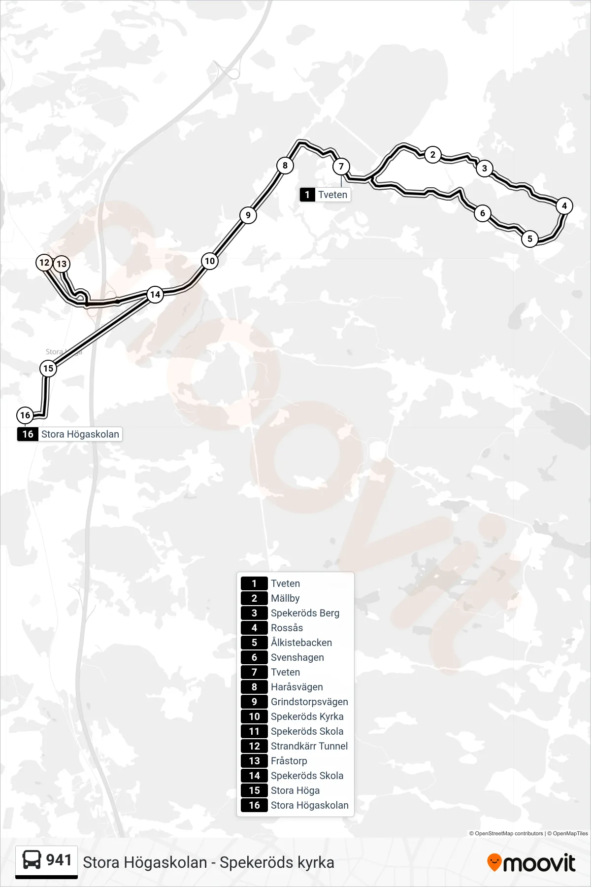 Rutt och hållplatser på karta för linje 941  spårvagn, (Stora Högaskolan)