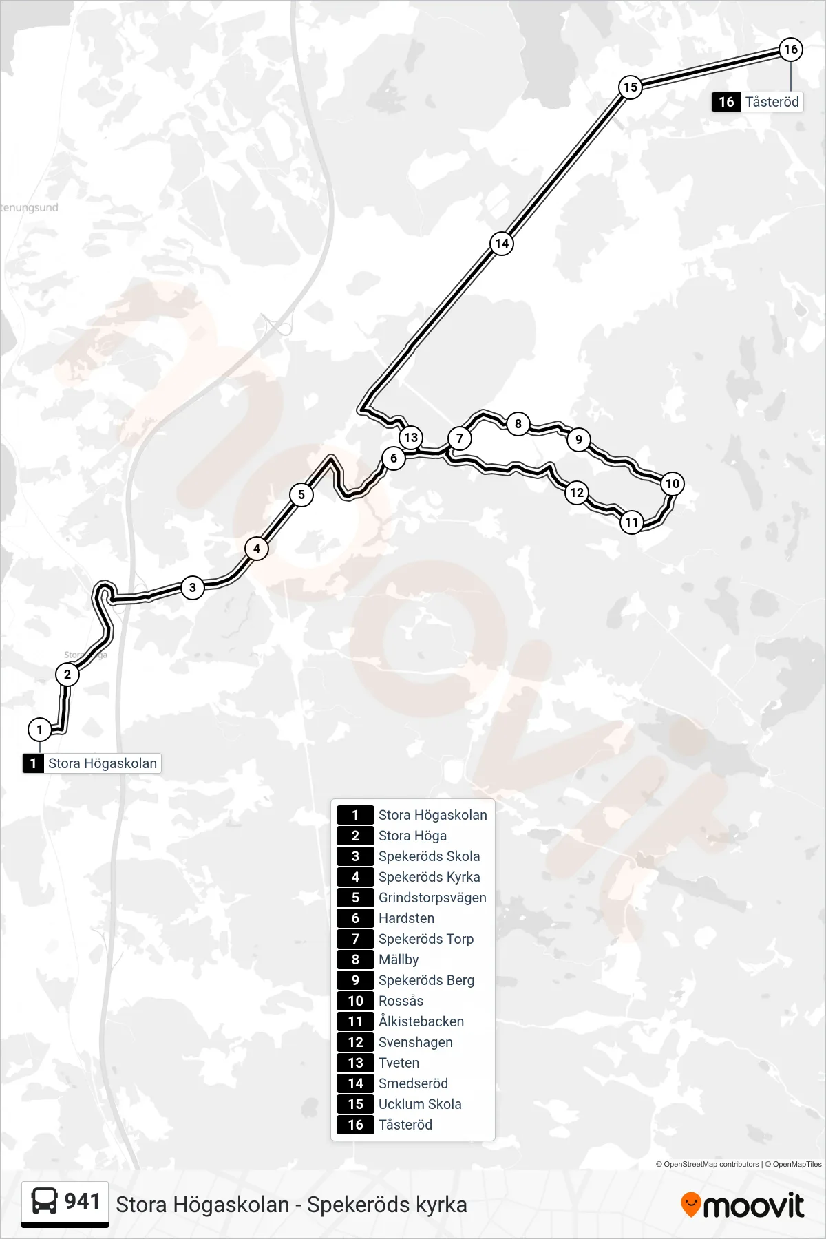 Rutt och hållplatser på karta för linje 941 spårvagn, (Tåsteröd)