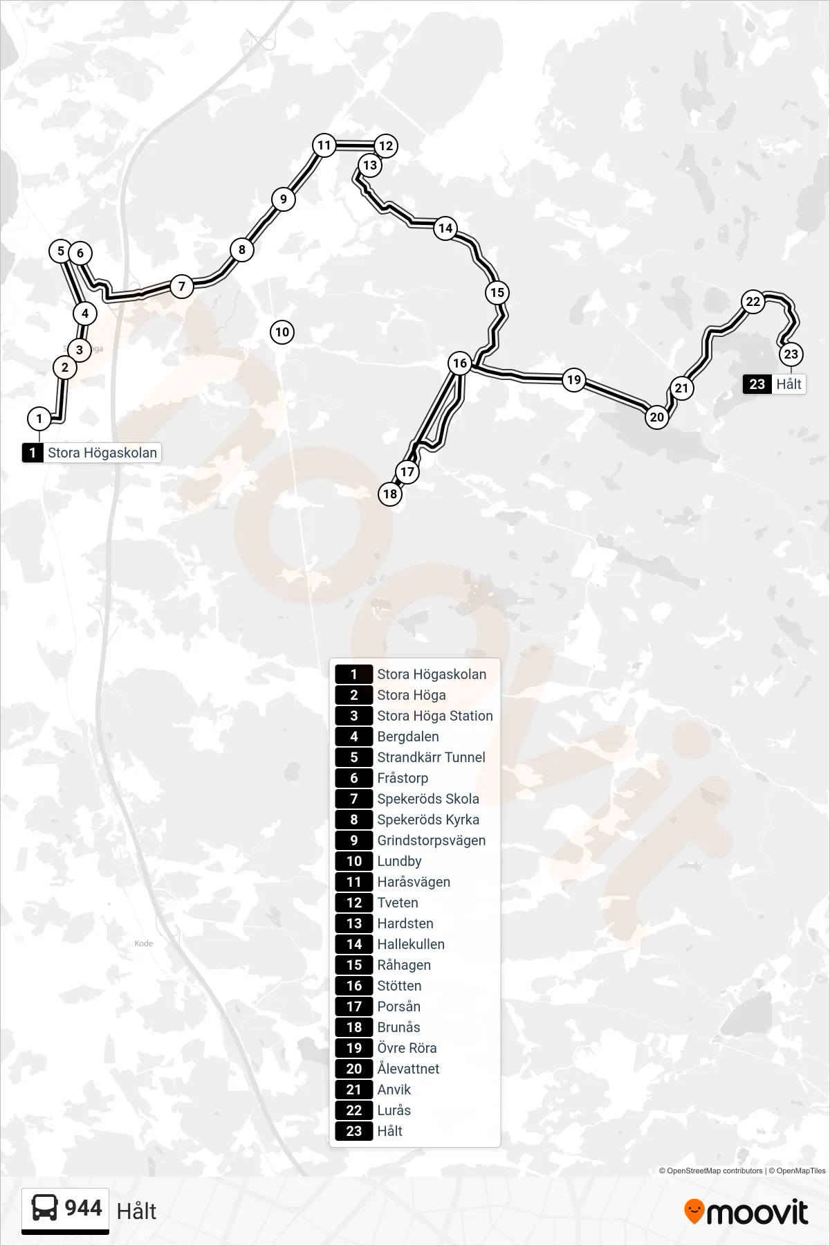 Rutt och hållplatser på karta för linje 944  spårvagn, (Hålt)