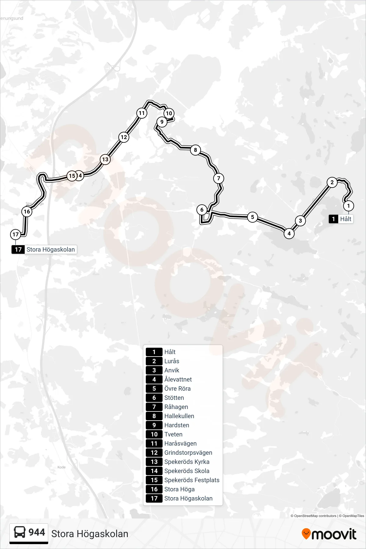 Rutt och hållplatser på karta för linje 944 spårvagn, (Stora Högaskolan)