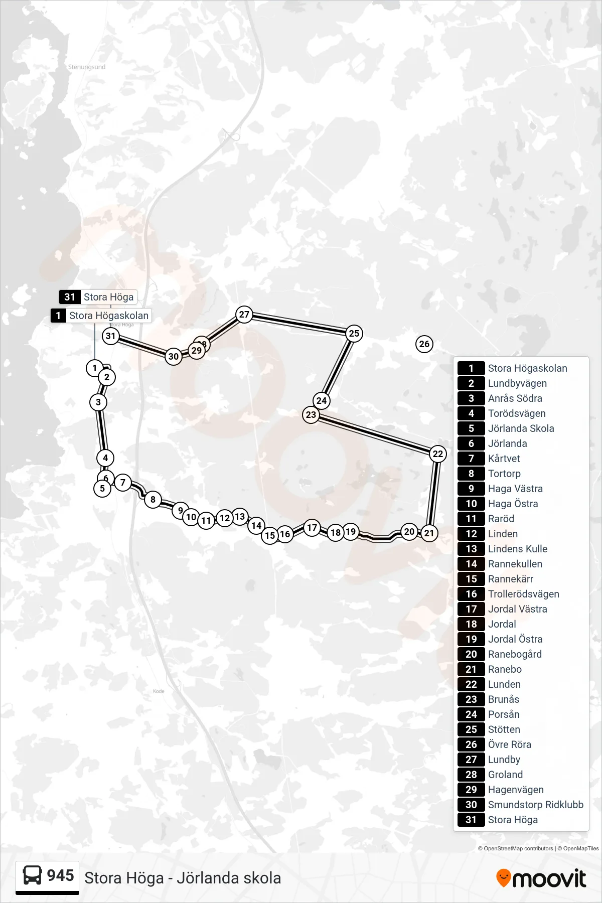 Rutt och hållplatser på karta för linje 945  spårvagn, (Stora Höga)