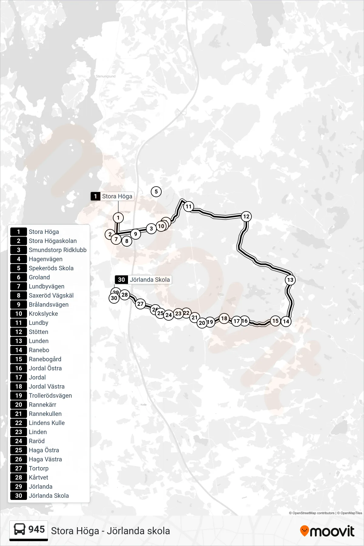 Rutt och hållplatser på karta för linje 945 spårvagn, (Jörlanda Skola)