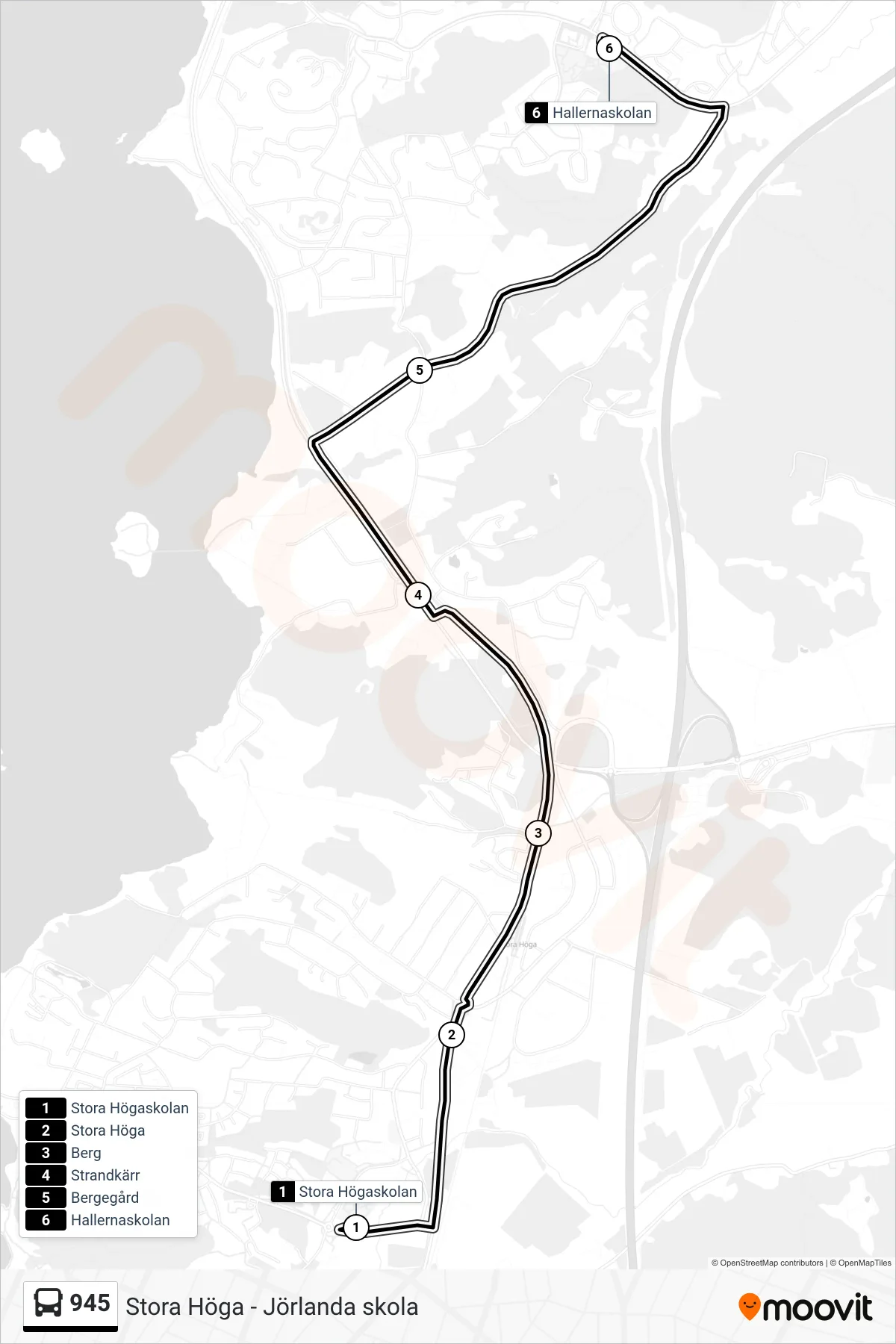 Rutt och hållplatser på karta för linje 945 spårvagn, (Hallernaskolan)