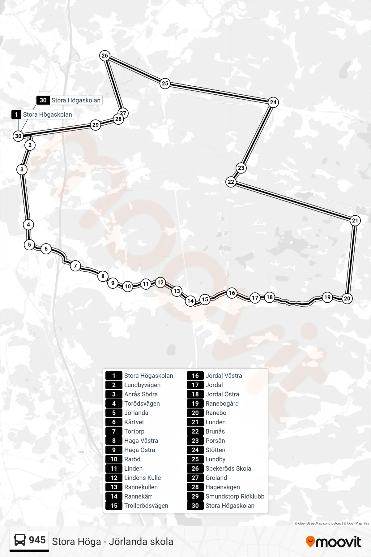 Rutt och hållplatser på karta för linje 945 spårvagn, (Stora Högaskolan)