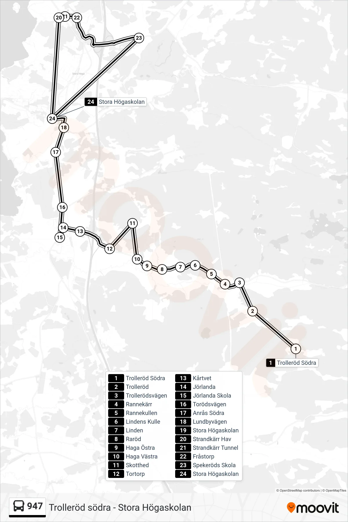 Rutt och hållplatser på karta för linje 947  spårvagn, (Stora Högaskolan)