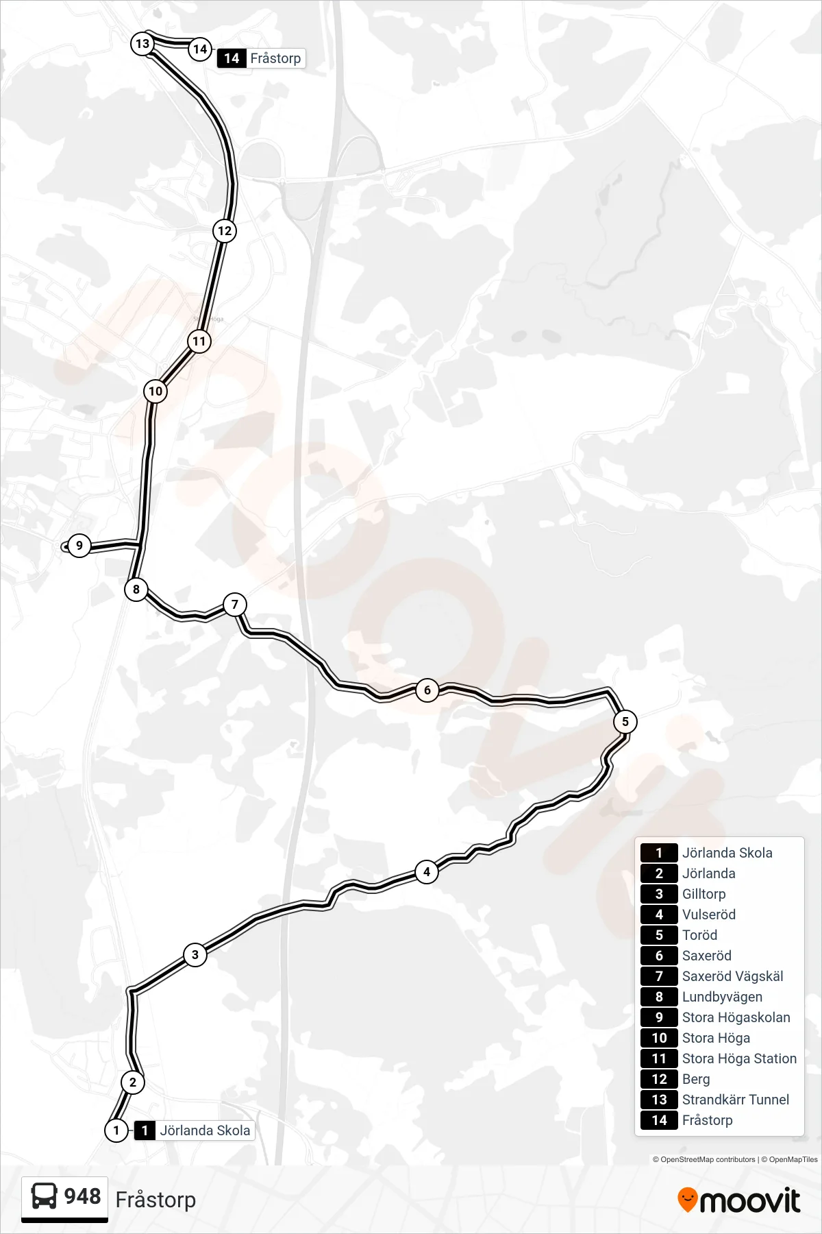 Rutt och hållplatser på karta för linje 948  spårvagn, (Fråstorp)