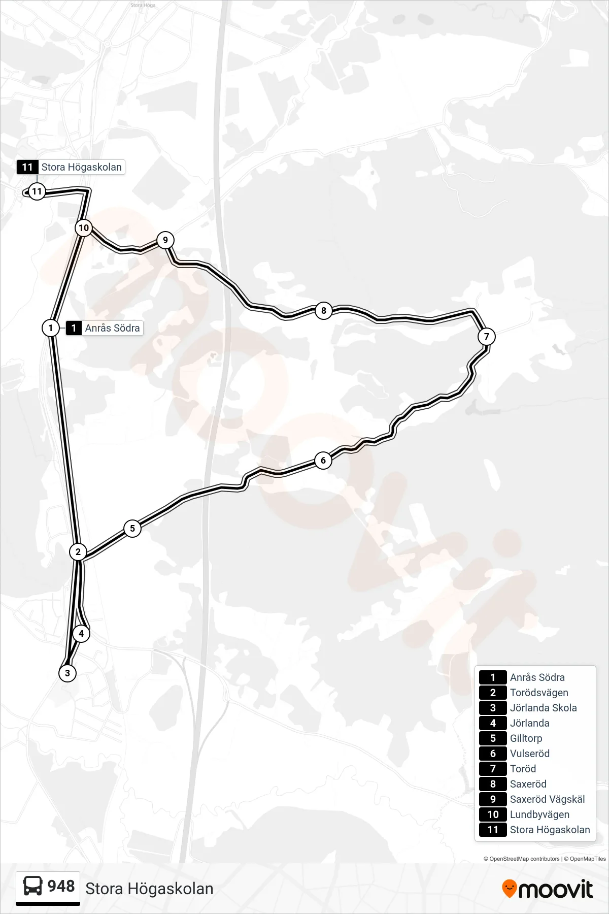 Rutt och hållplatser på karta för linje 948 spårvagn, (Stora Högaskolan)