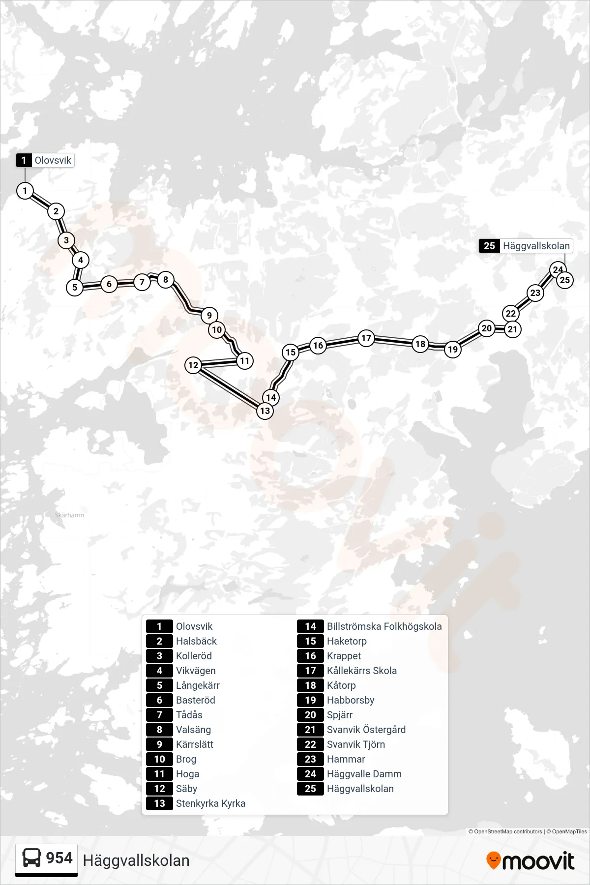 Rutt och hållplatser på karta för linje 954  spårvagn, (Häggvallskolan)