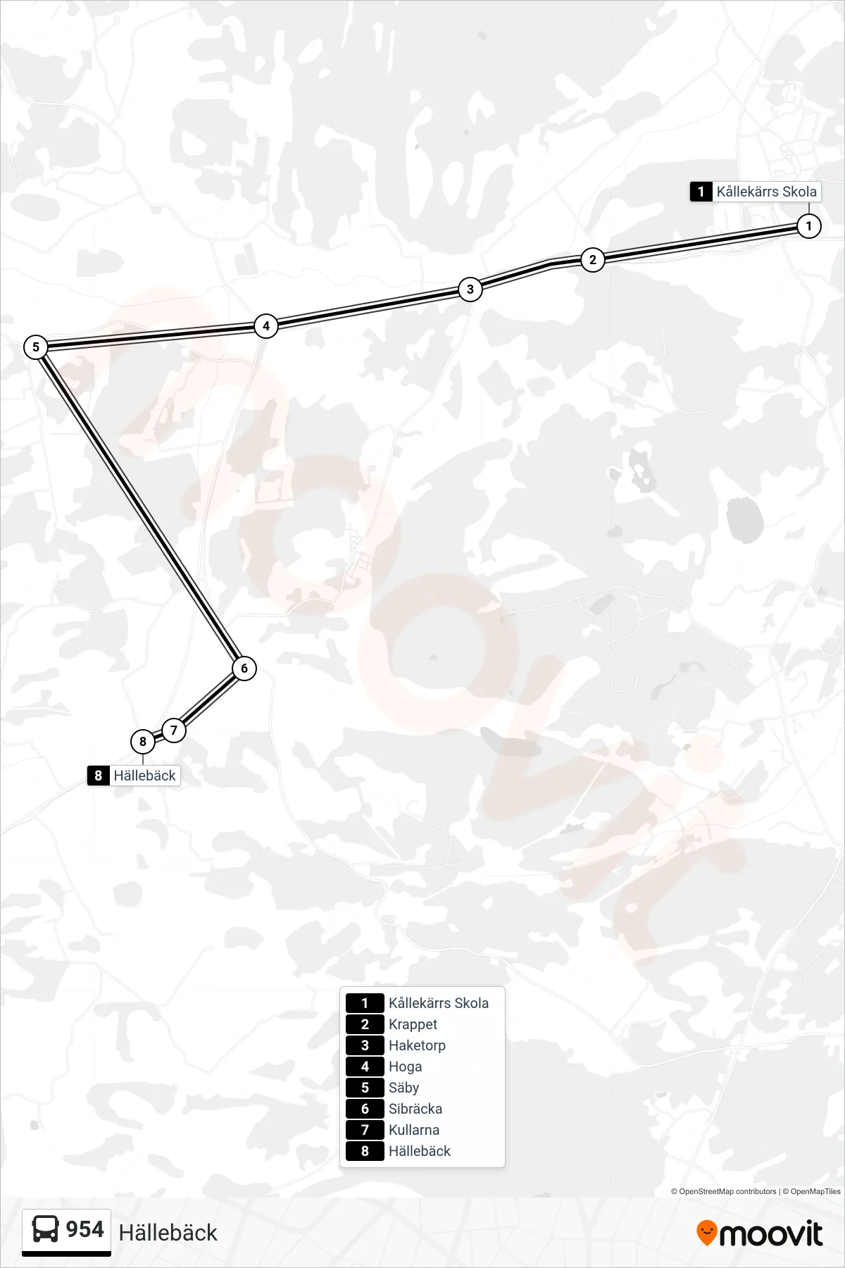 Rutt och hållplatser på karta för linje 954 spårvagn, (Hällebäck)