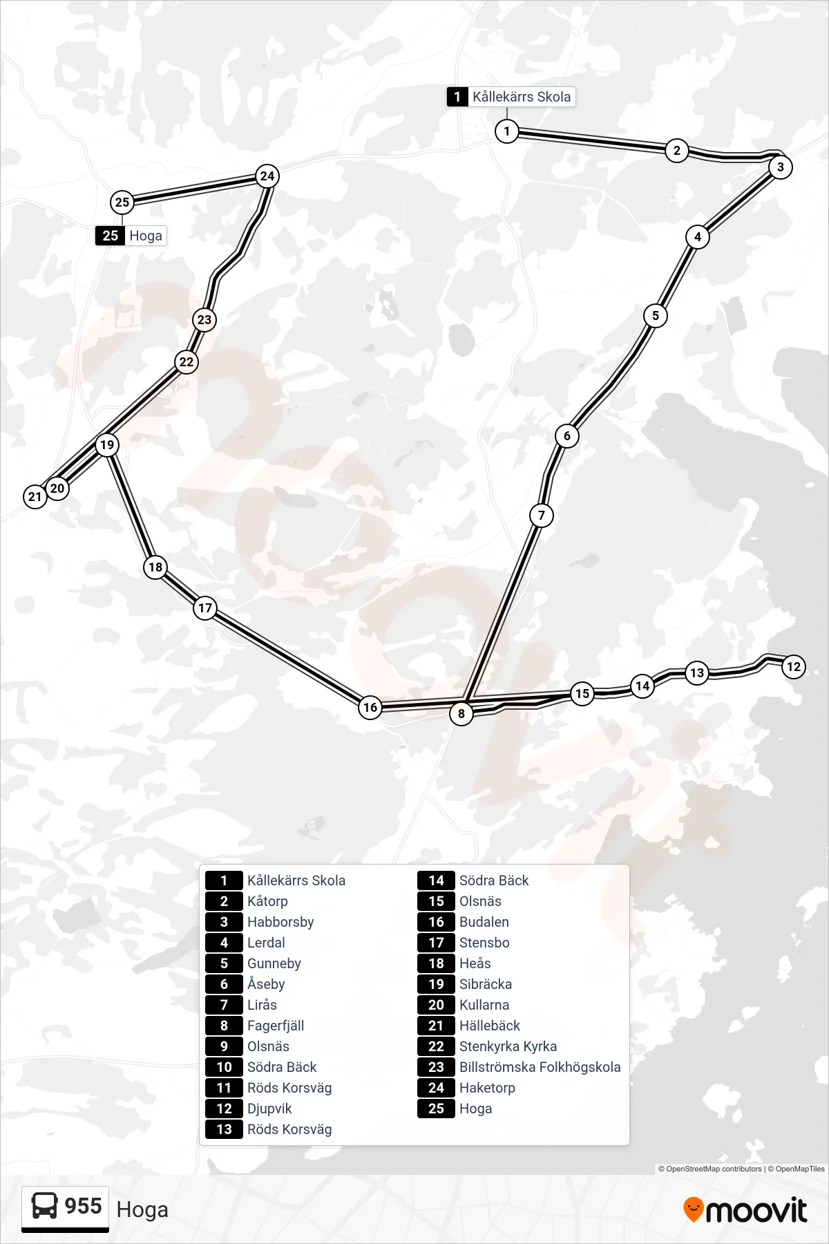 Rutt och hållplatser på karta för linje 955 spårvagn, (Hoga)