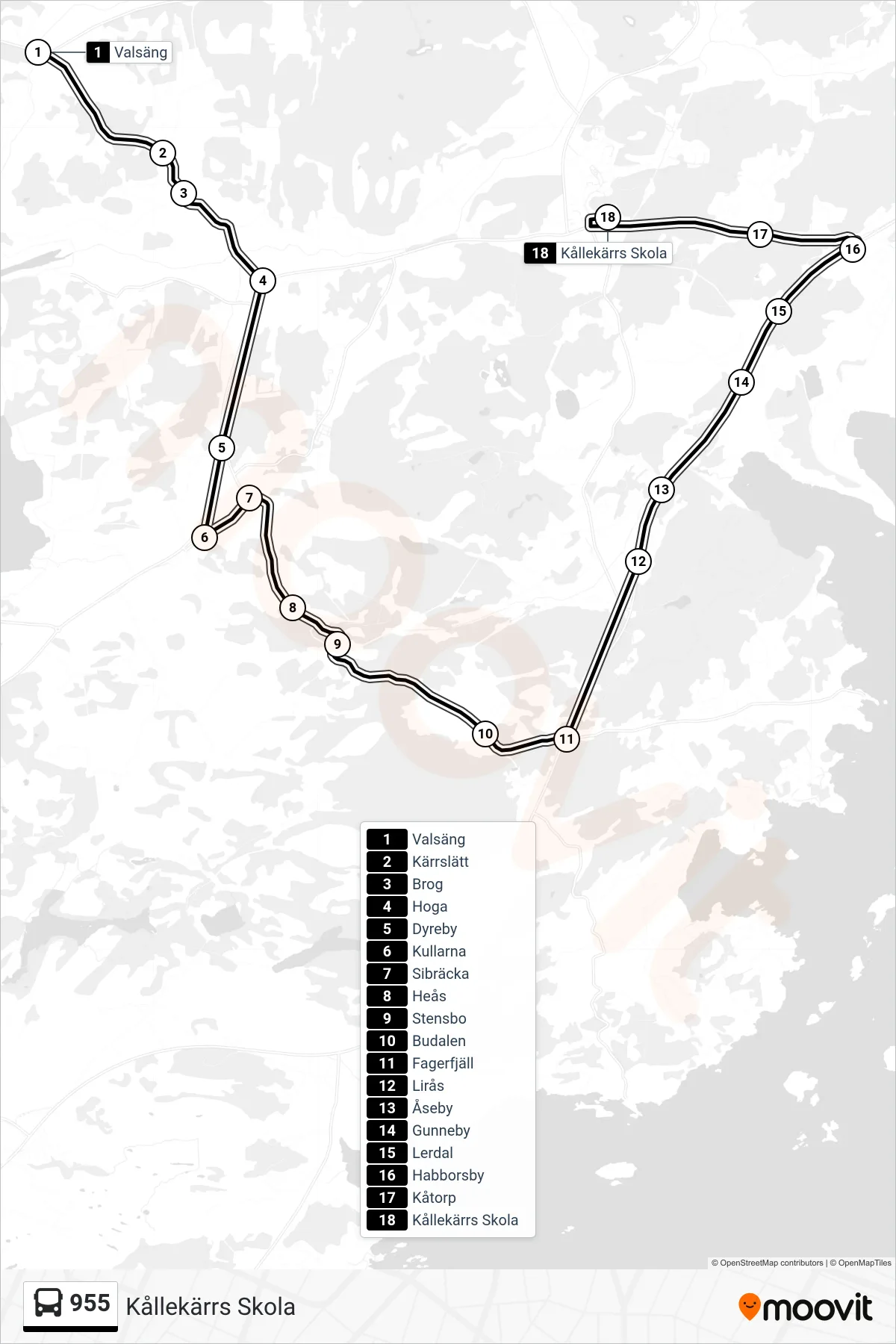Rutt och hållplatser på karta för linje 955  spårvagn, (Kållekärrs Skola)