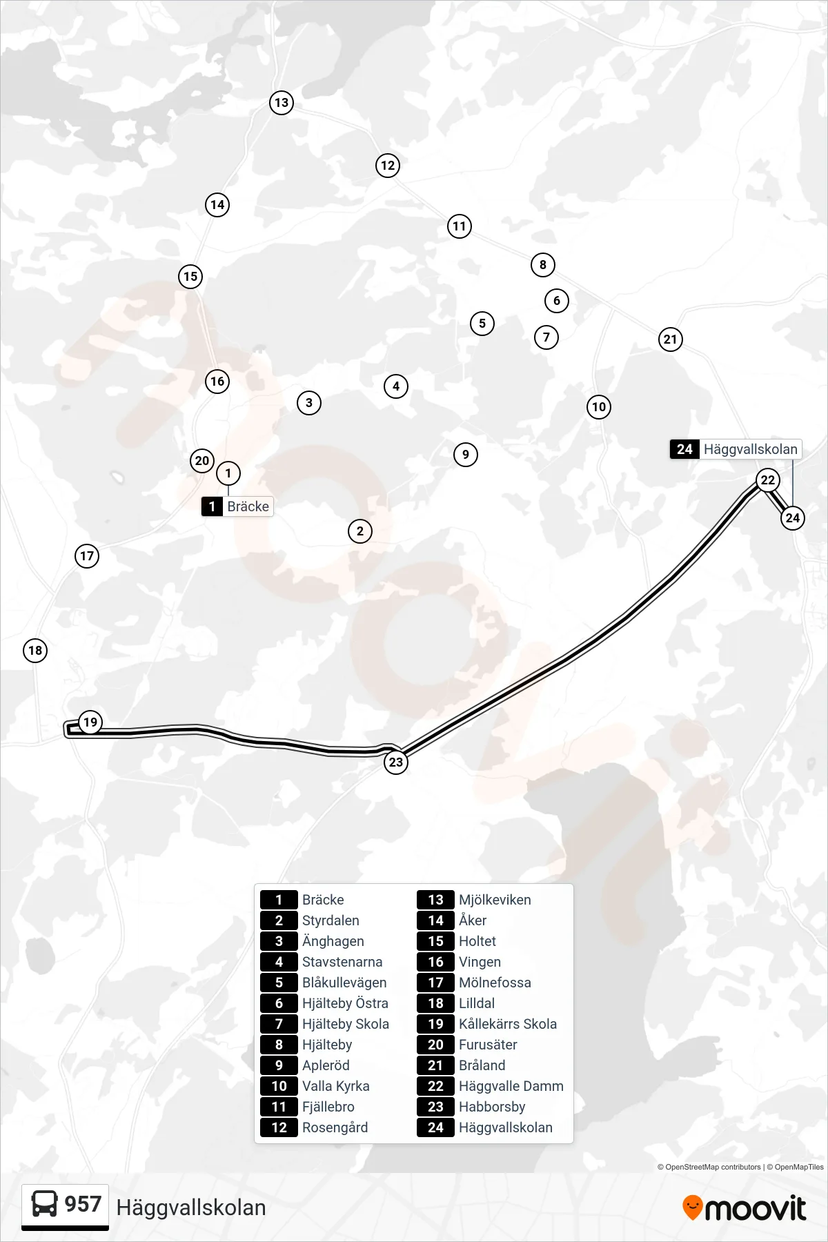 Rutt och hållplatser på karta för linje 957  spårvagn, (Häggvallskolan)
