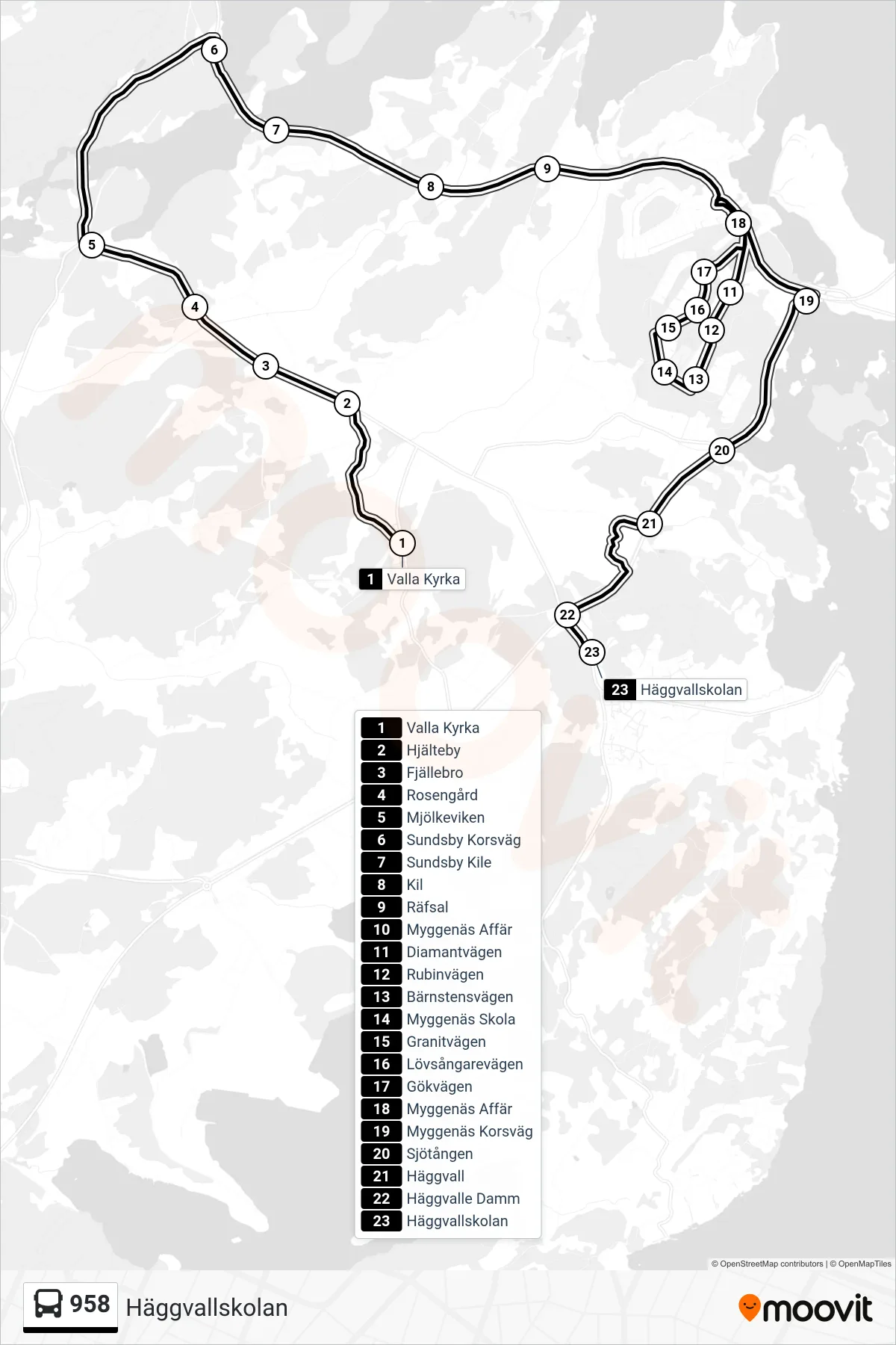 Rutt och hållplatser på karta för linje 958  spårvagn, (Häggvallskolan)