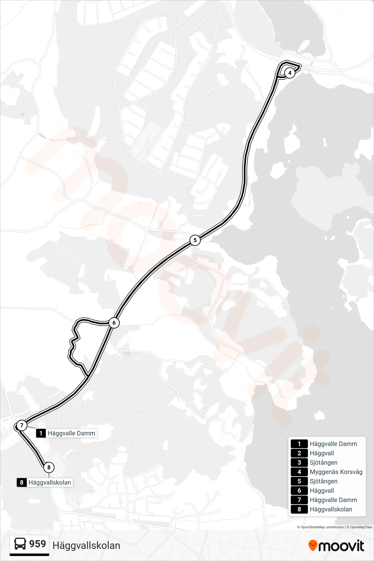 Rutt och hållplatser på karta för linje 959 spårvagn, (Häggvallskolan)