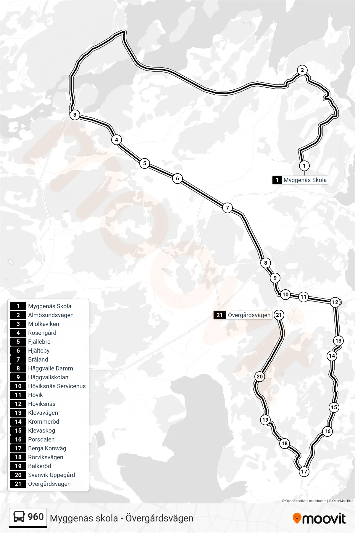 Rutt och hållplatser på karta för linje 960 spårvagn, (Övergårdsvägen)