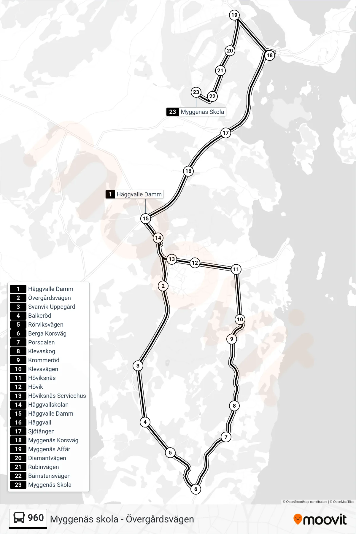 Rutt och hållplatser på karta för linje 960  spårvagn, (Myggenäs Skola)
