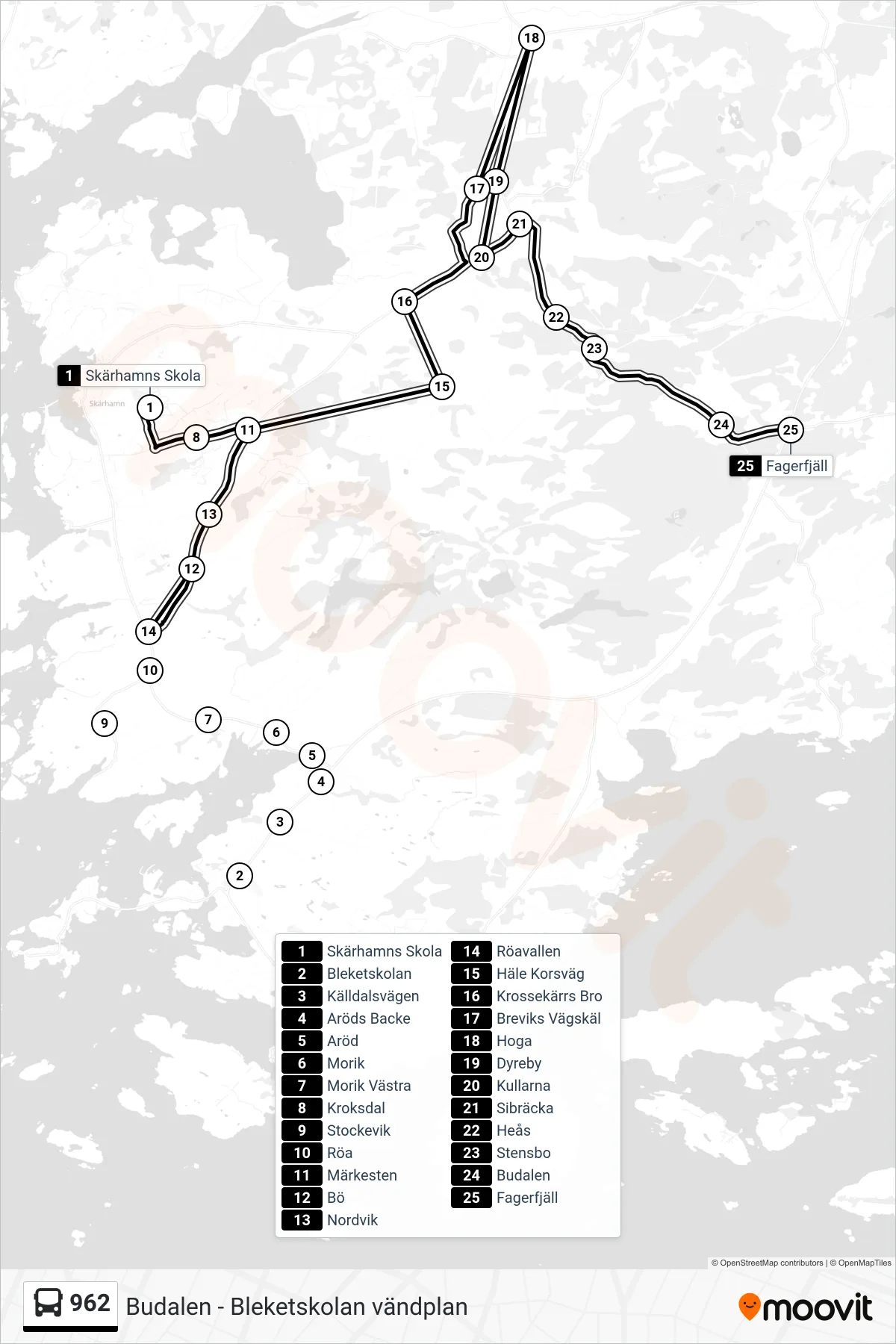 Rutt och hållplatser på karta för linje 962  spårvagn, (Fagerfjäll)