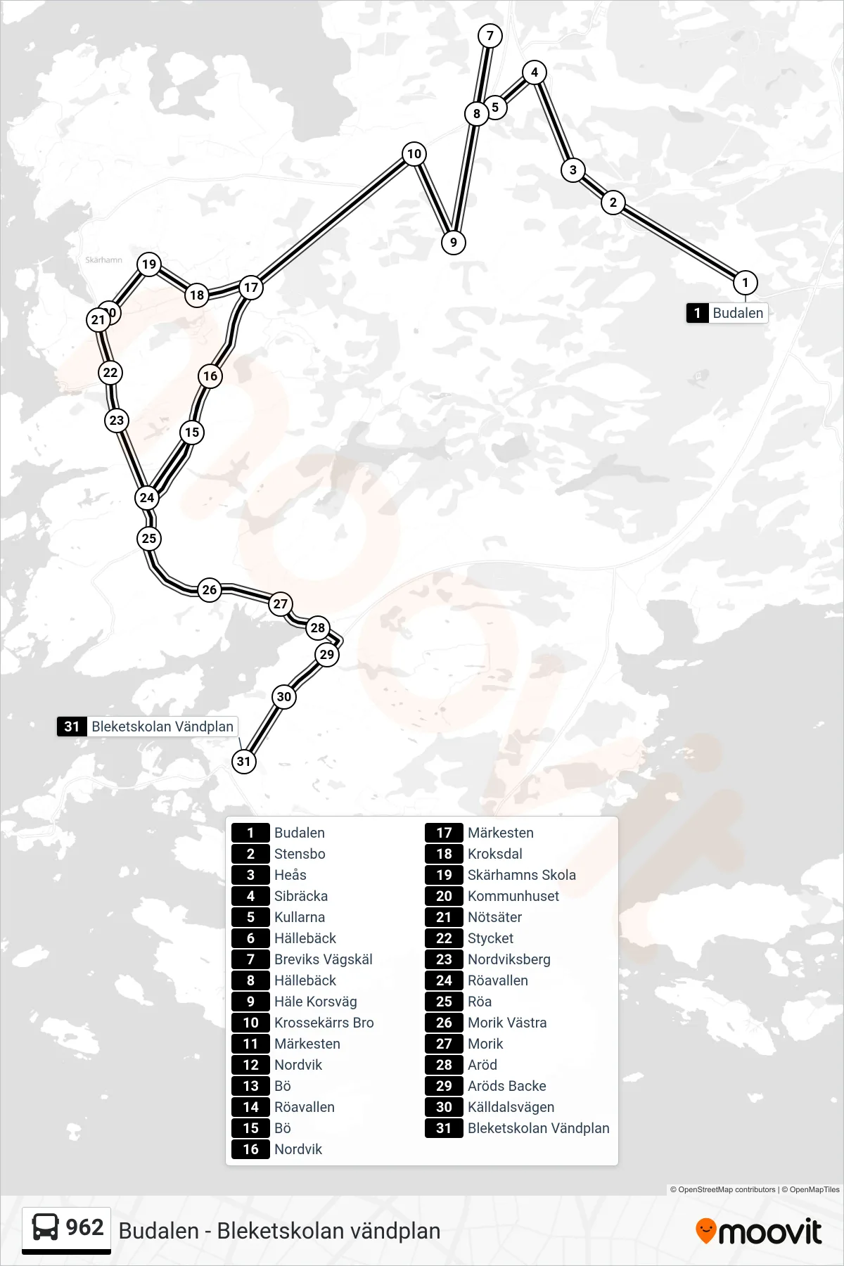 Rutt och hållplatser på karta för linje 962 spårvagn, (Bleketskolan Vändplan)
