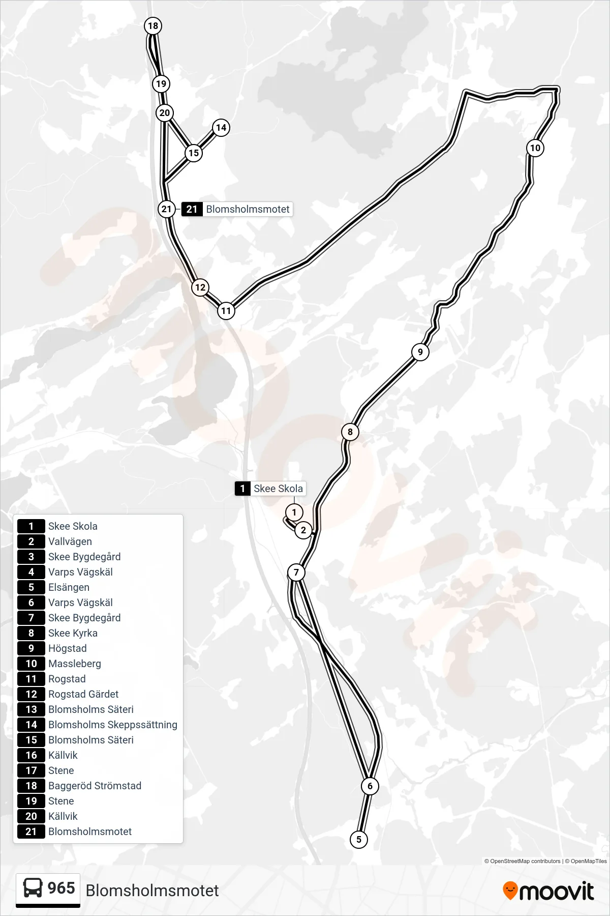 Rutt och hållplatser på karta för linje 965 spårvagn, (Blomsholmsmotet)