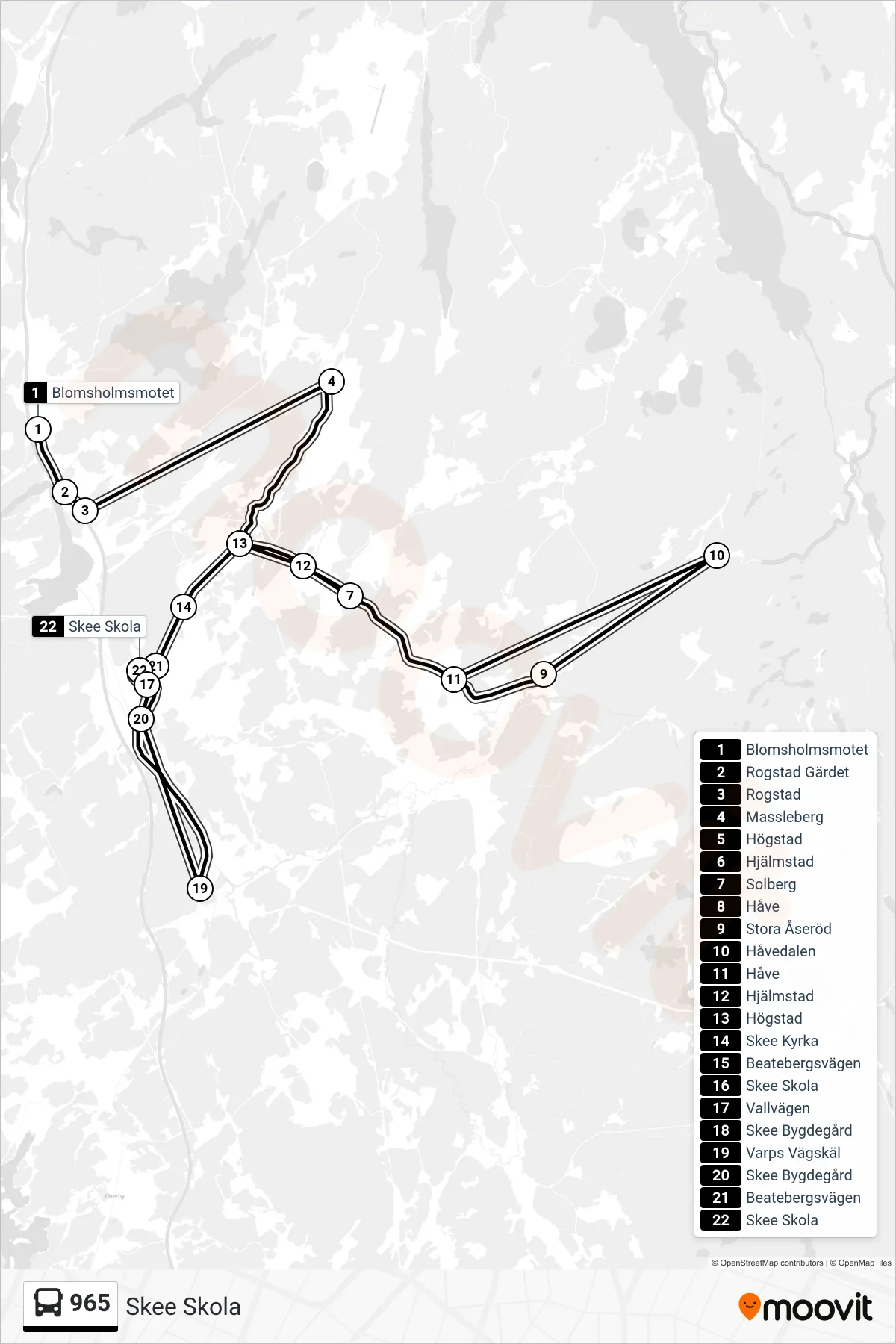 Rutt och hållplatser på karta för linje 965  spårvagn, (Skee Skola)