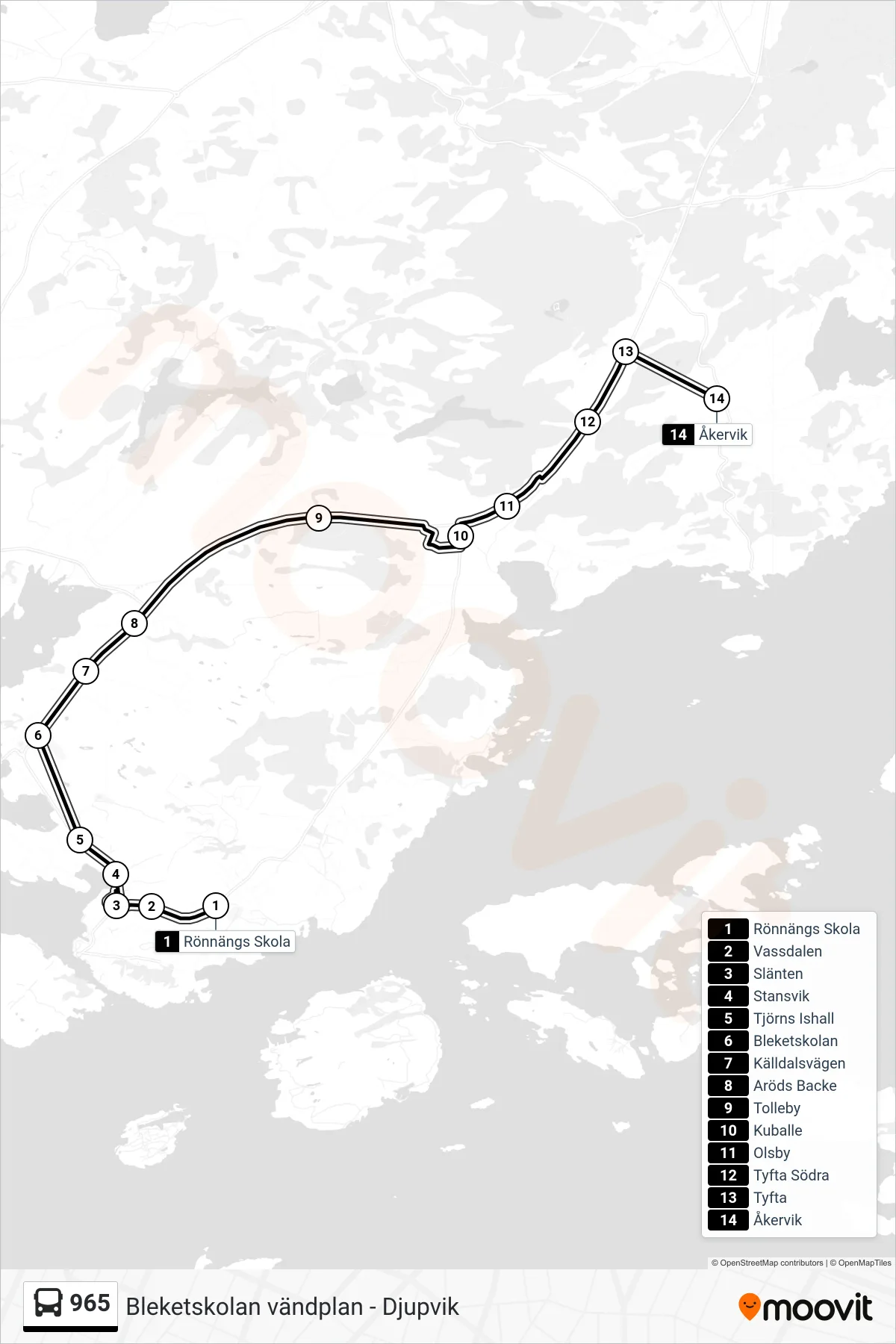 Rutt och hållplatser på karta för linje 965  spårvagn, (Åkervik)