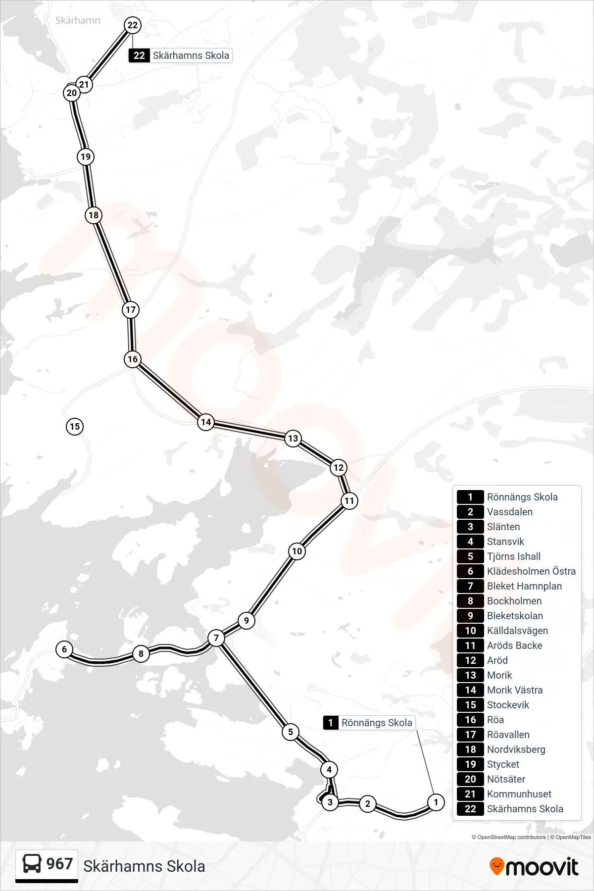 Rutt och hållplatser på karta för linje 967  spårvagn, (Skärhamns Skola)