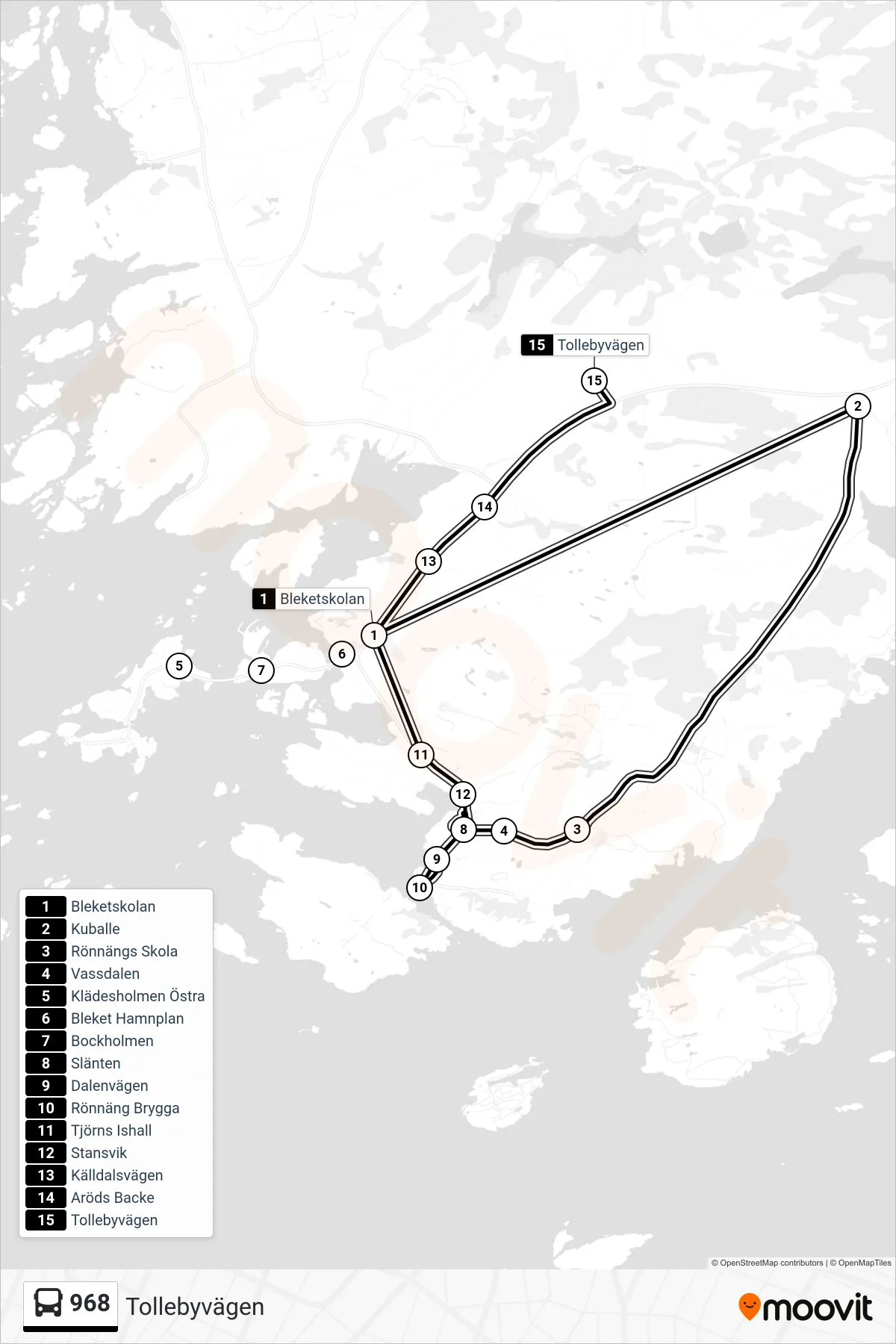 Rutt och hållplatser på karta för linje 968  spårvagn, (Tollebyvägen)