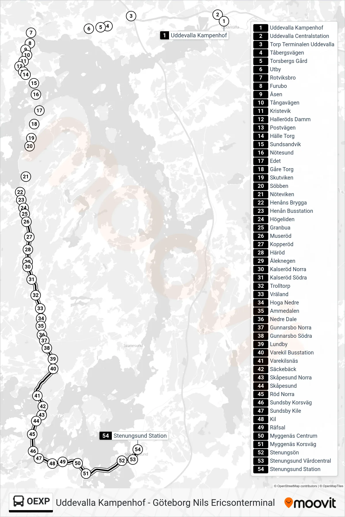 Rutt och hållplatser på karta för linje OEXP spårvagn, (Stenungsund Station)